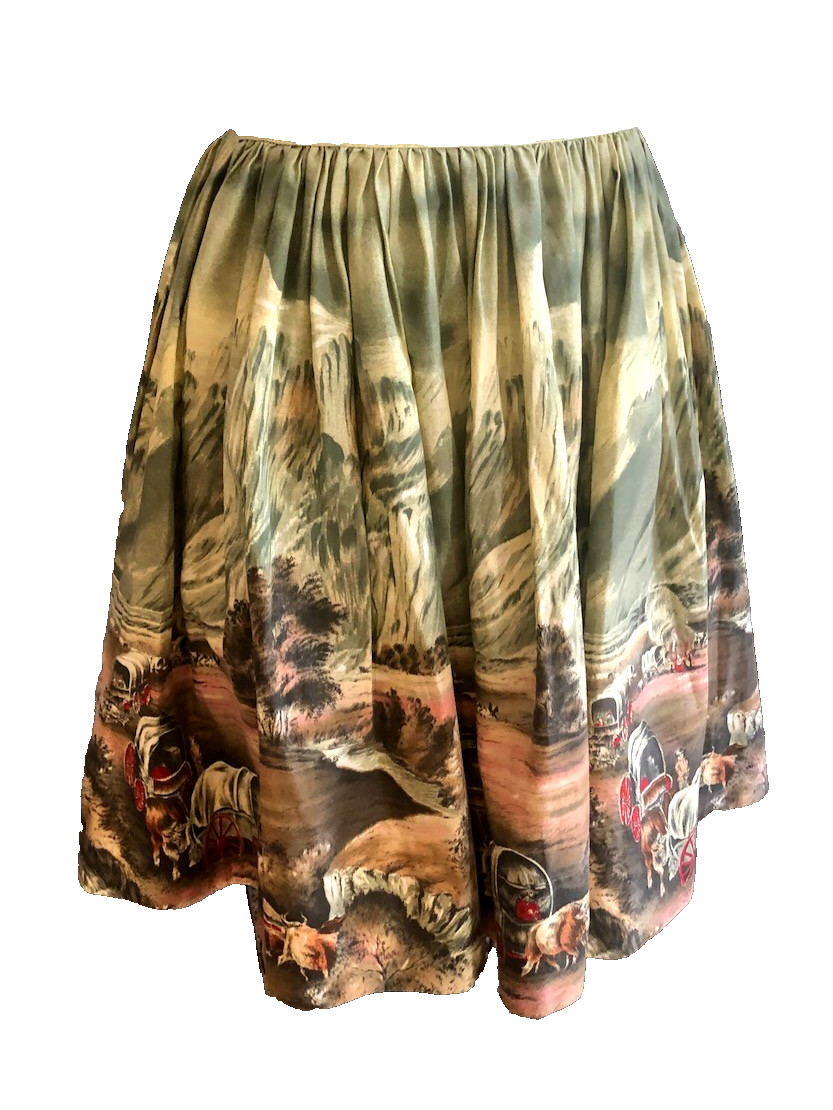 Vintage 1950s Novelty Western Pioneer Wagon Train Swing Circle Skirt Cotton XS
