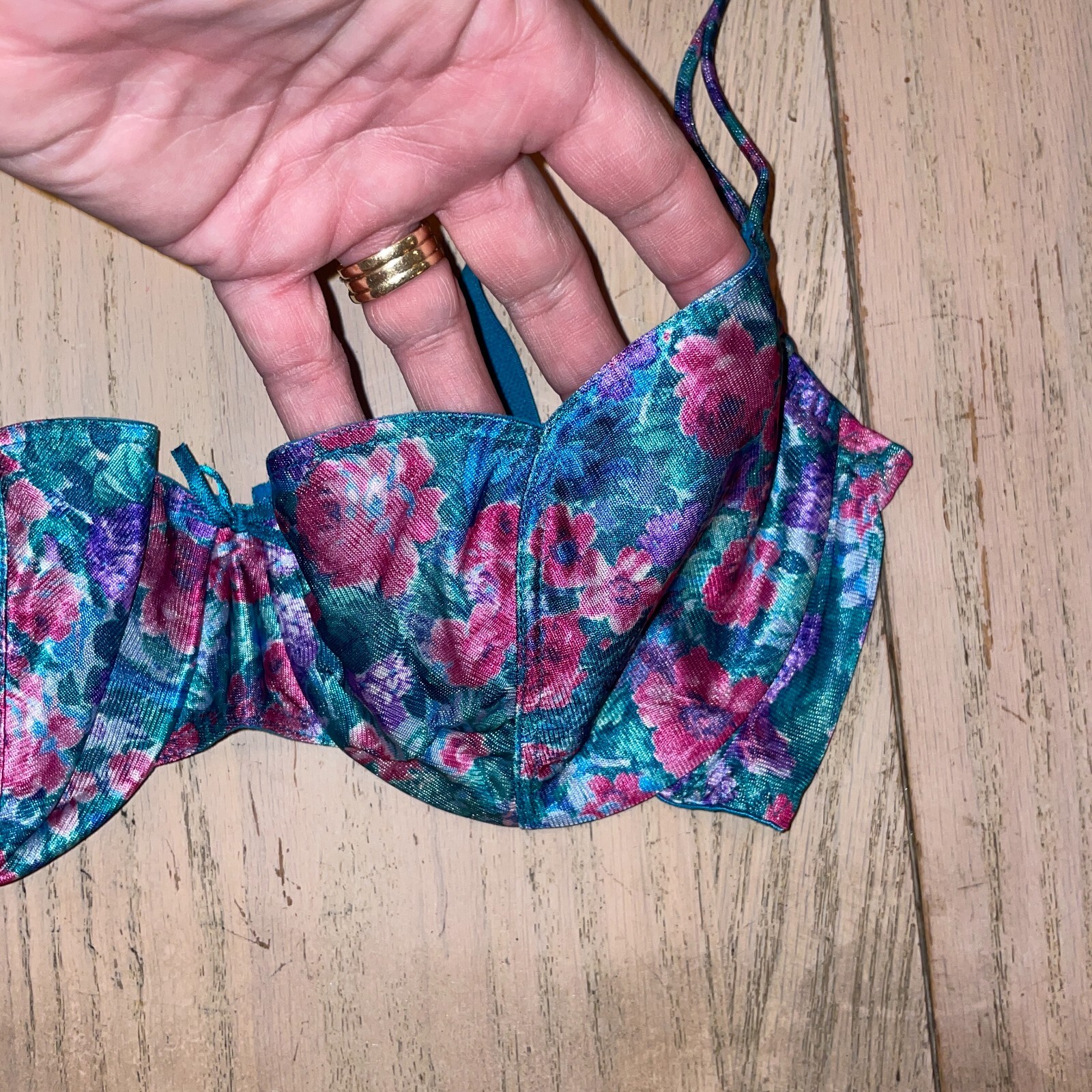 Vtg Delicates Underwire Bra Size 36B Teal Blue Floral Pink Unlined Double Strap