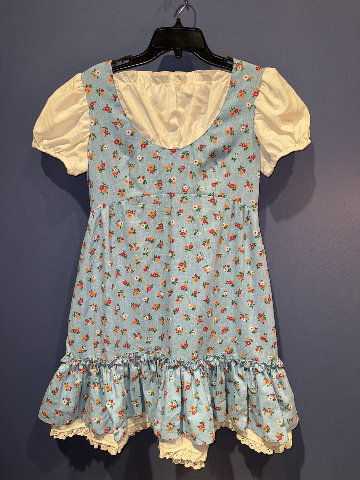 Womens Med. Vintage Dress, Blue Floral Gibson Girl, Praire, 1960 Petticoat Trim