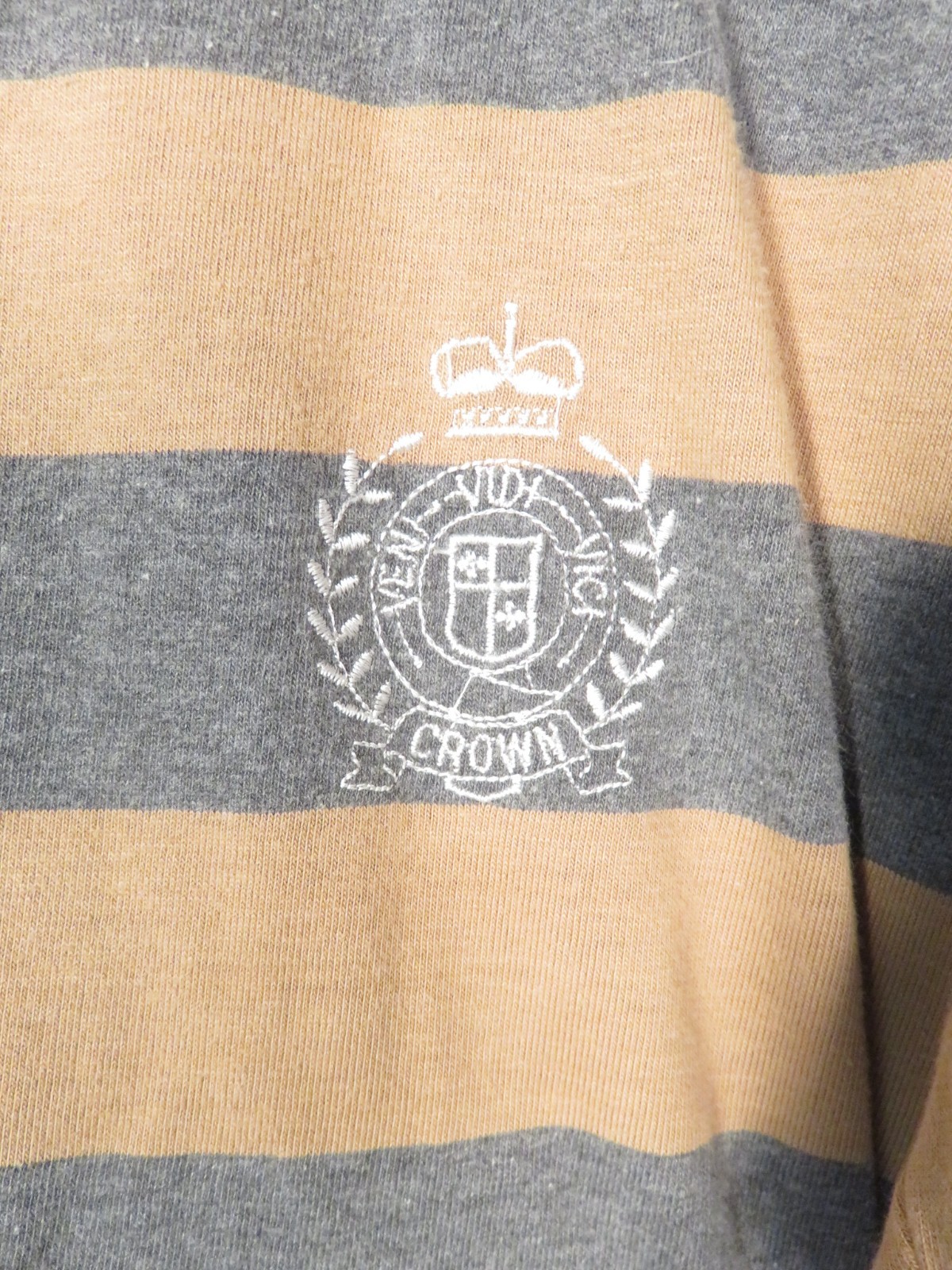 Vintage 80s/90s Gray And Khaki Striped Cotton Tshirt With Crest Logo Made In USA