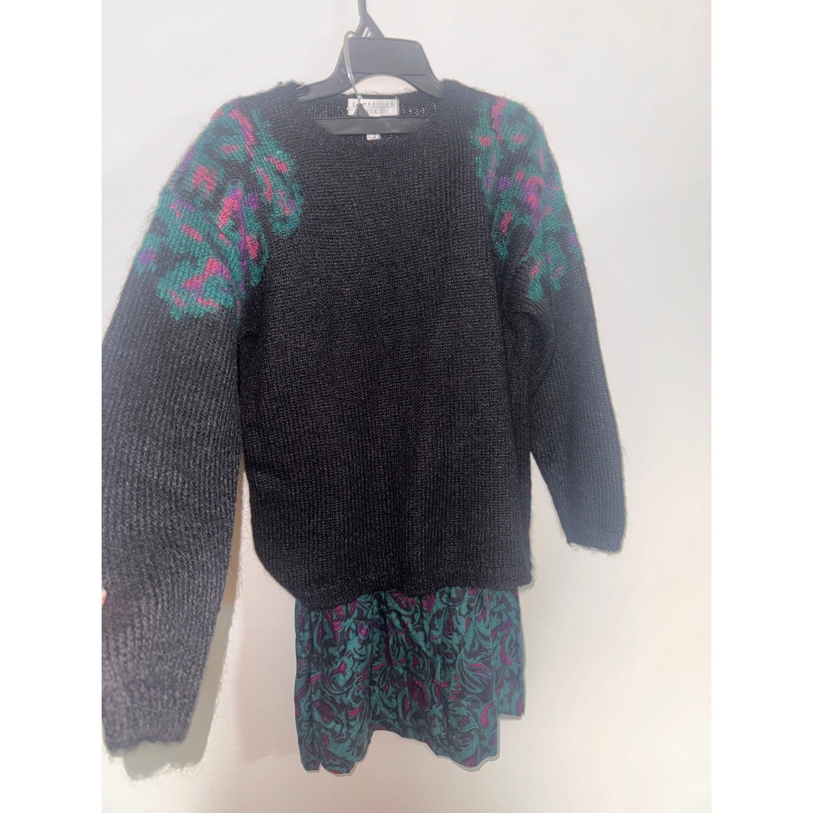 Vintage Cambridge Spirit Mohair Sweater Paisley Skirt Set Blk Teal Magenta L/14