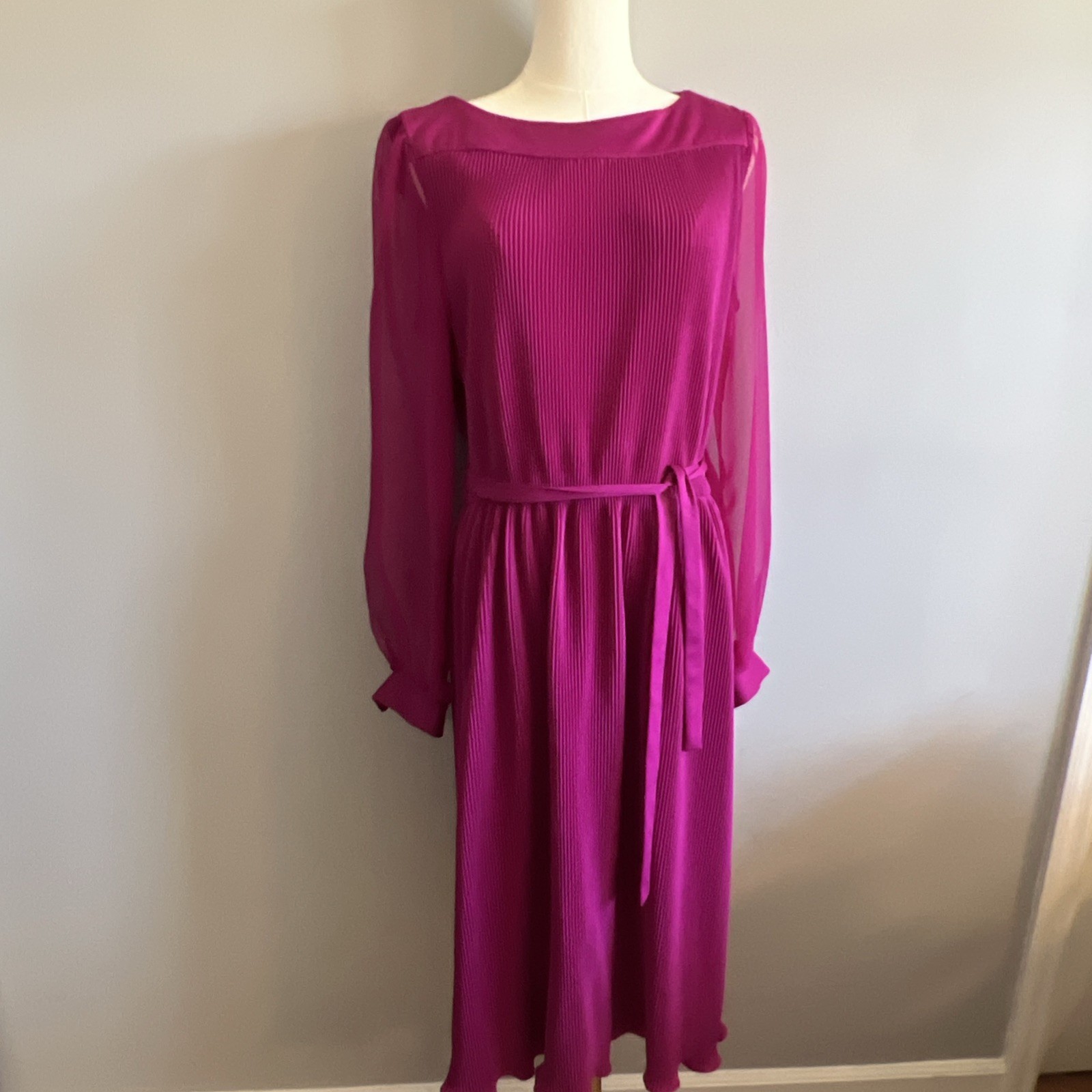 VTG Amy-Deb 80’s Magenta Accordion Dress Sheer Arms Career Feminine Romantic 16