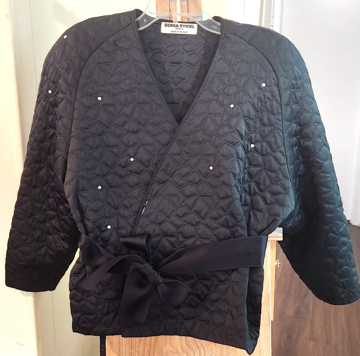 VINTAGE SONIA RYKIEL BLACK QUILTED SILK? CROSS OVER JACKET, W RS STUDS, TIE
