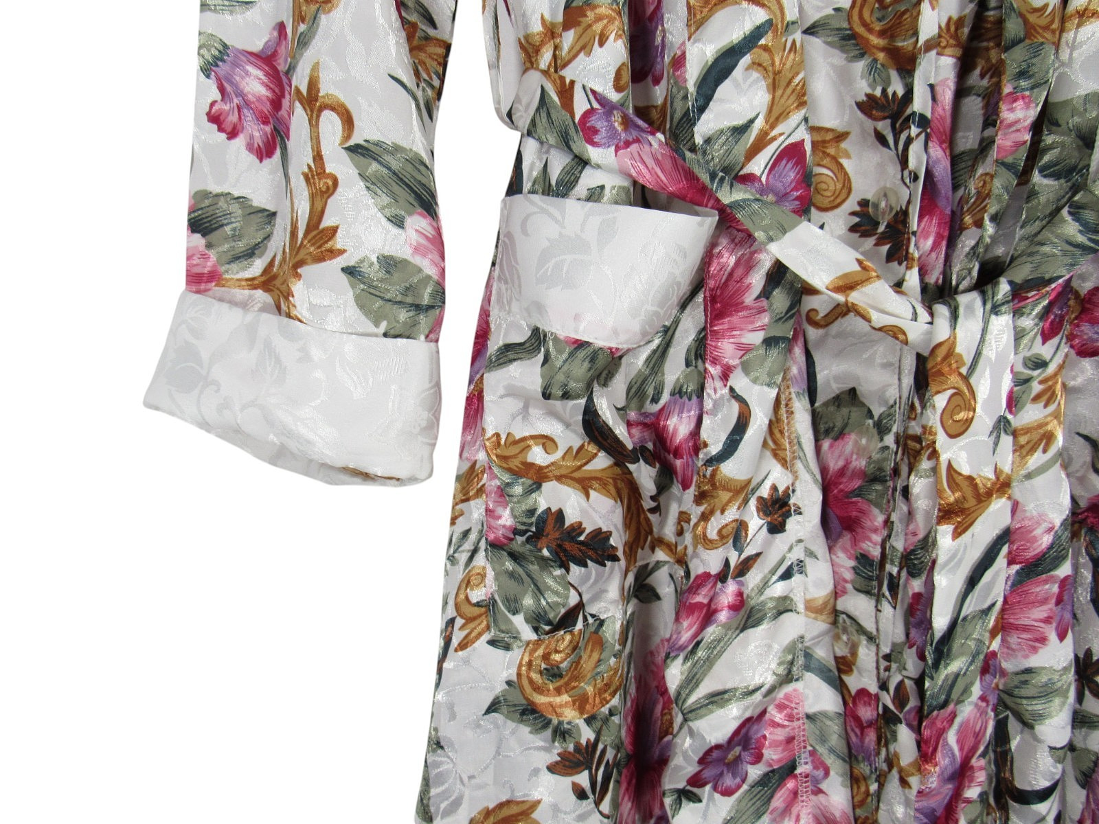 VTG TESORO White/Multi SATIN Floral BUTTON/TIE Lounge ROBE/NIGHTGOWN SET Sz XL