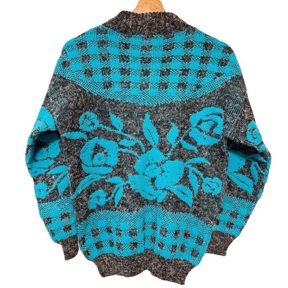 Vintage 80s Arielle USA Grey Vibrant Blue Floral Plaid Grandpa Aesthetic Sweater