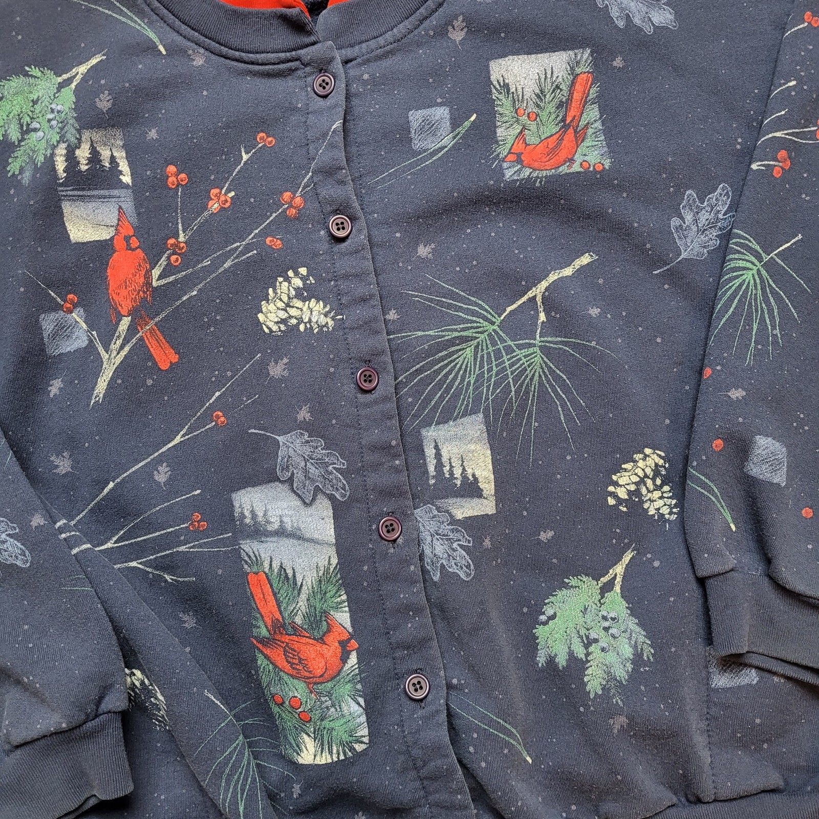 Vtg Artisans Cardinal Sweatshirt Cardigan Womens L Bird Blue Red USA 90s ÷31