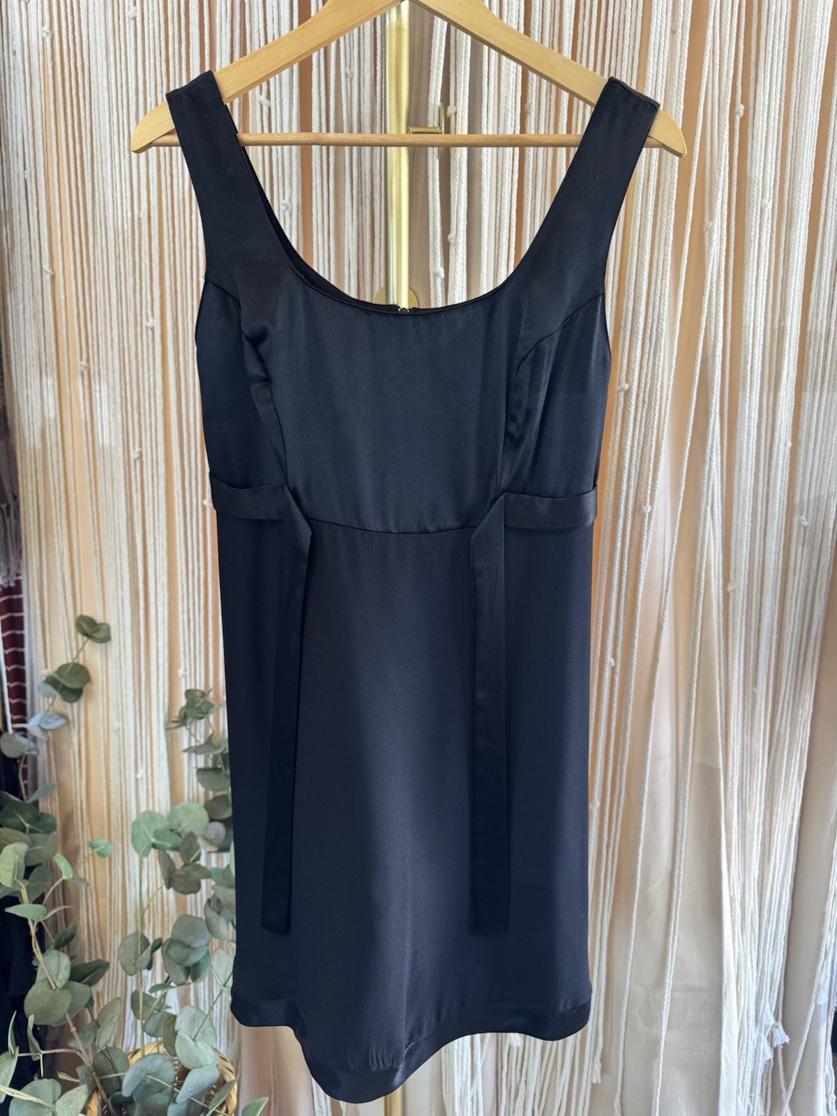VTG 90s/Y2K LBD coquette black Empire Waist satin trim Dress Bow sleeveless mini