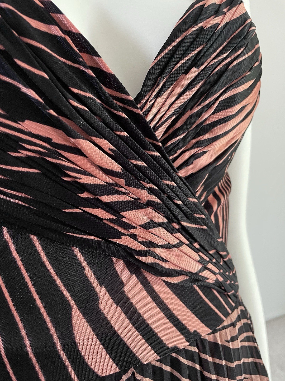 Vintage S/S 2000 Gianni Versace Pleated Black Orange Plunge V Dress Bodysuit XS