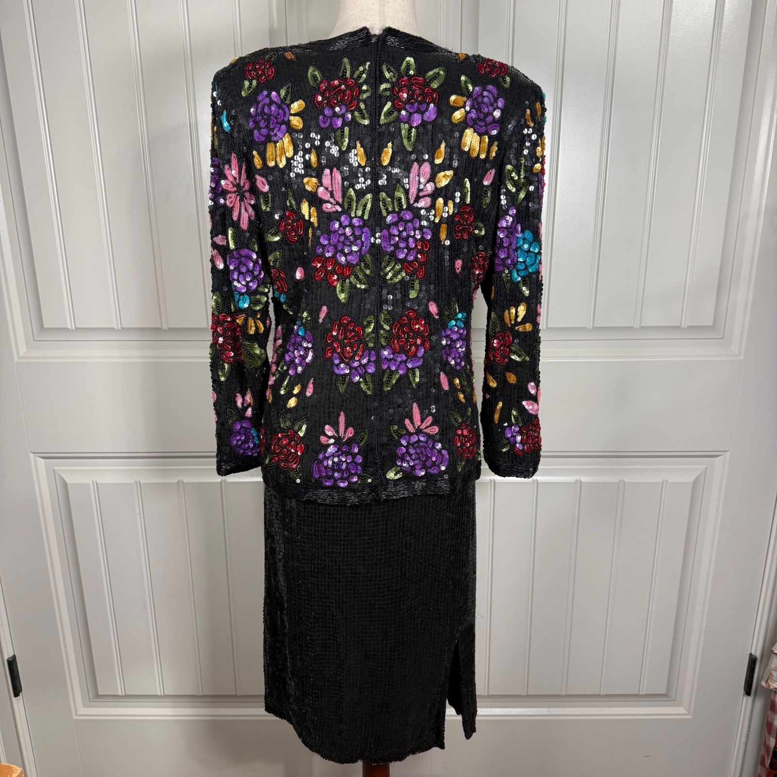 Jean for Joseph Le Bon Sequin Silk Two Piece Set Womens L Black Floral Vintage