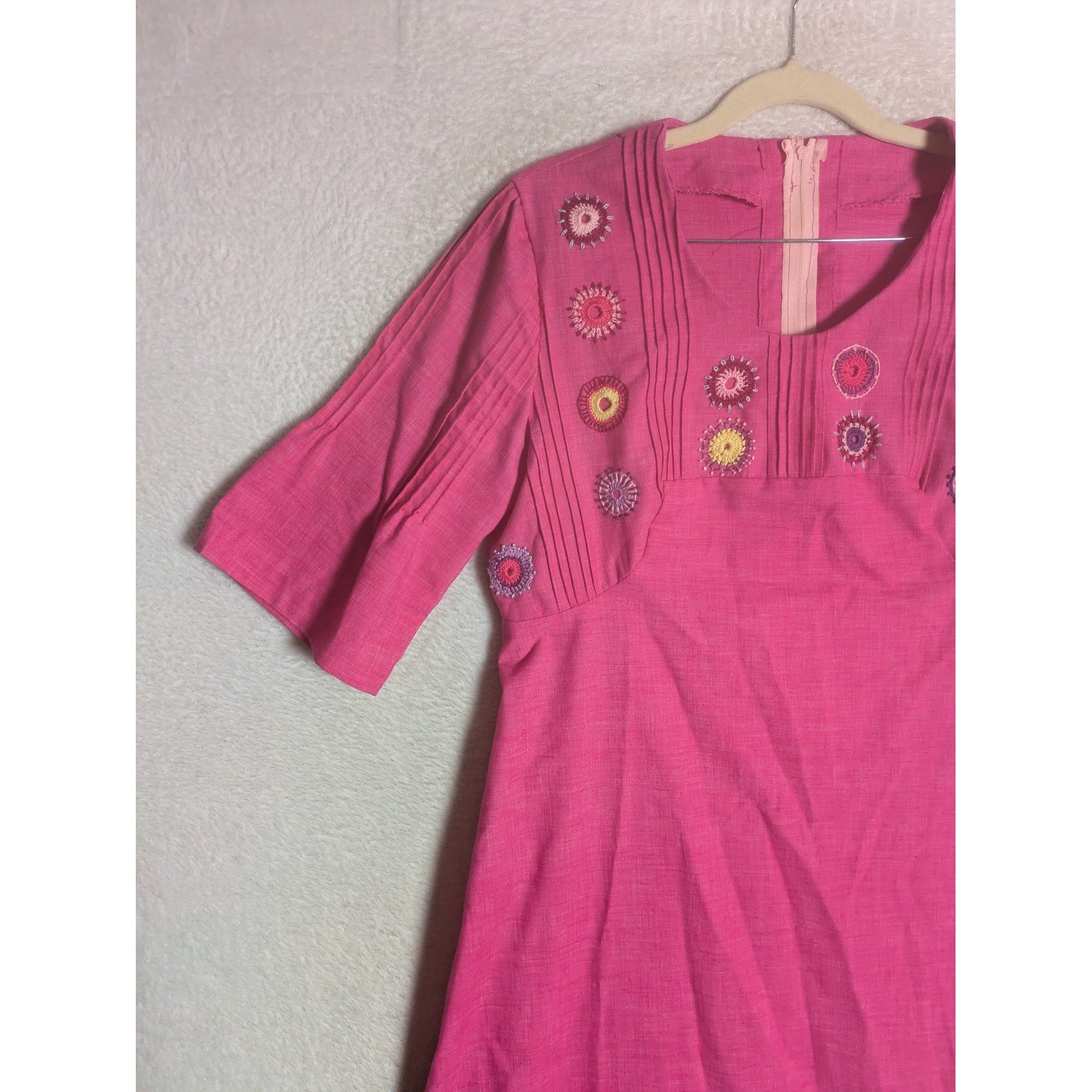 Handmade Maxi Dress Women’s M/L Pink Embroidered 70s Boho Pin Tuck Square Neck