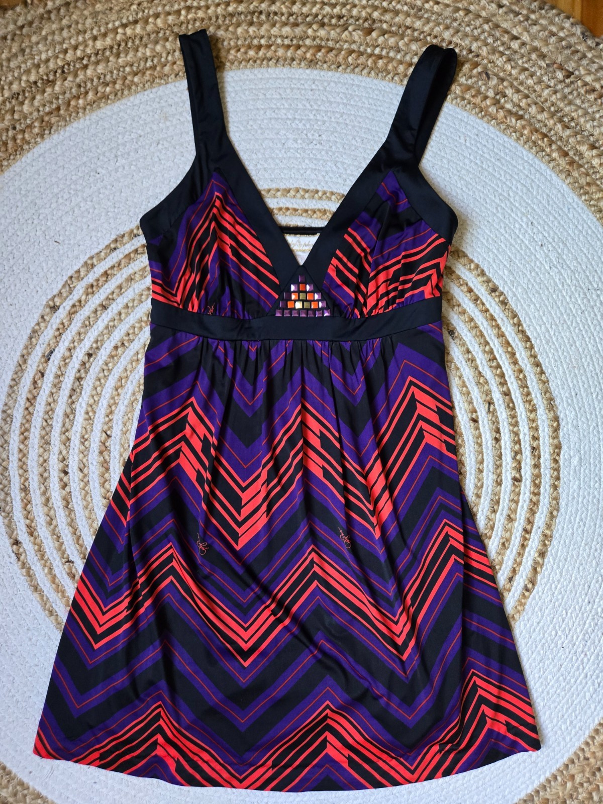 Vintage Y2k Baby Phat Black Chevron Babydoll Mini Dress Retro Streetwear