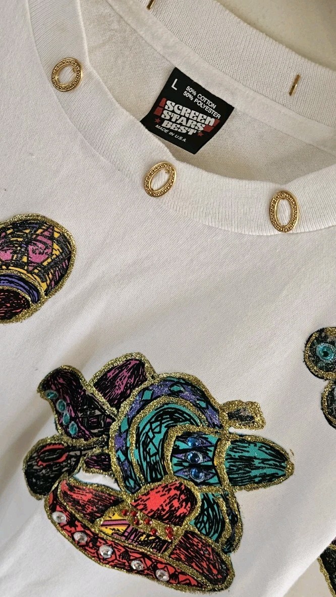 VTG Screen Stars Best Mexican Applique Gem Bead Sombero White Sz L Signed CAB