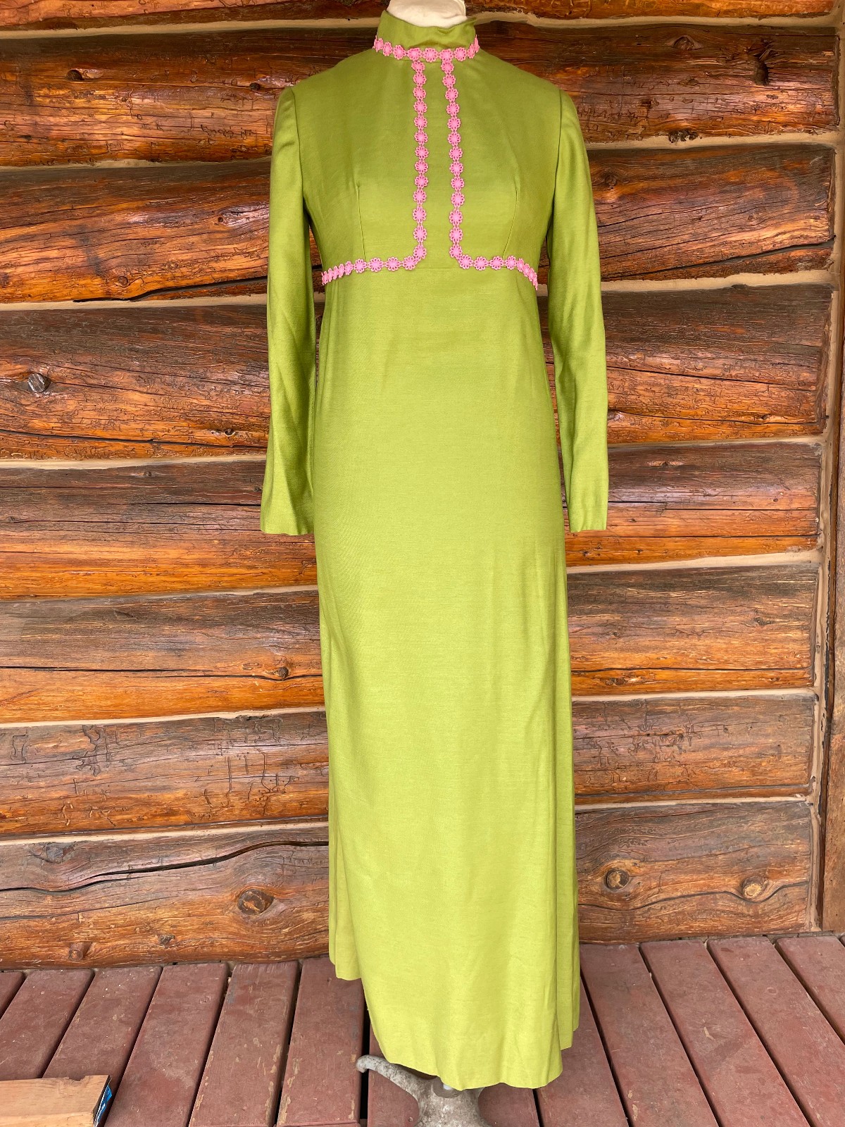 VTG 1960s Custom Theatrical Gown Green Pink Daisy Empire Waist Train Maxi Dress