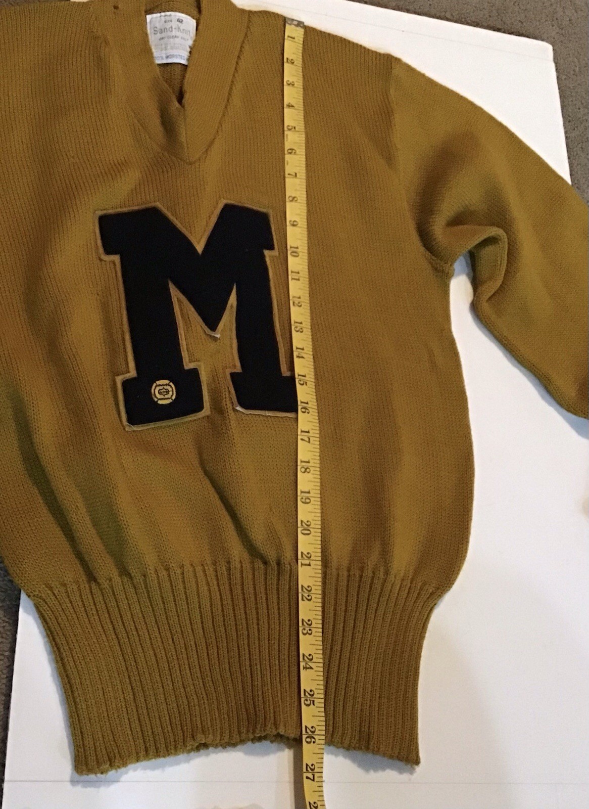 Vintage Letterman Sand-Knit Wool Varsity Sweater Mustard Yellow Size 42