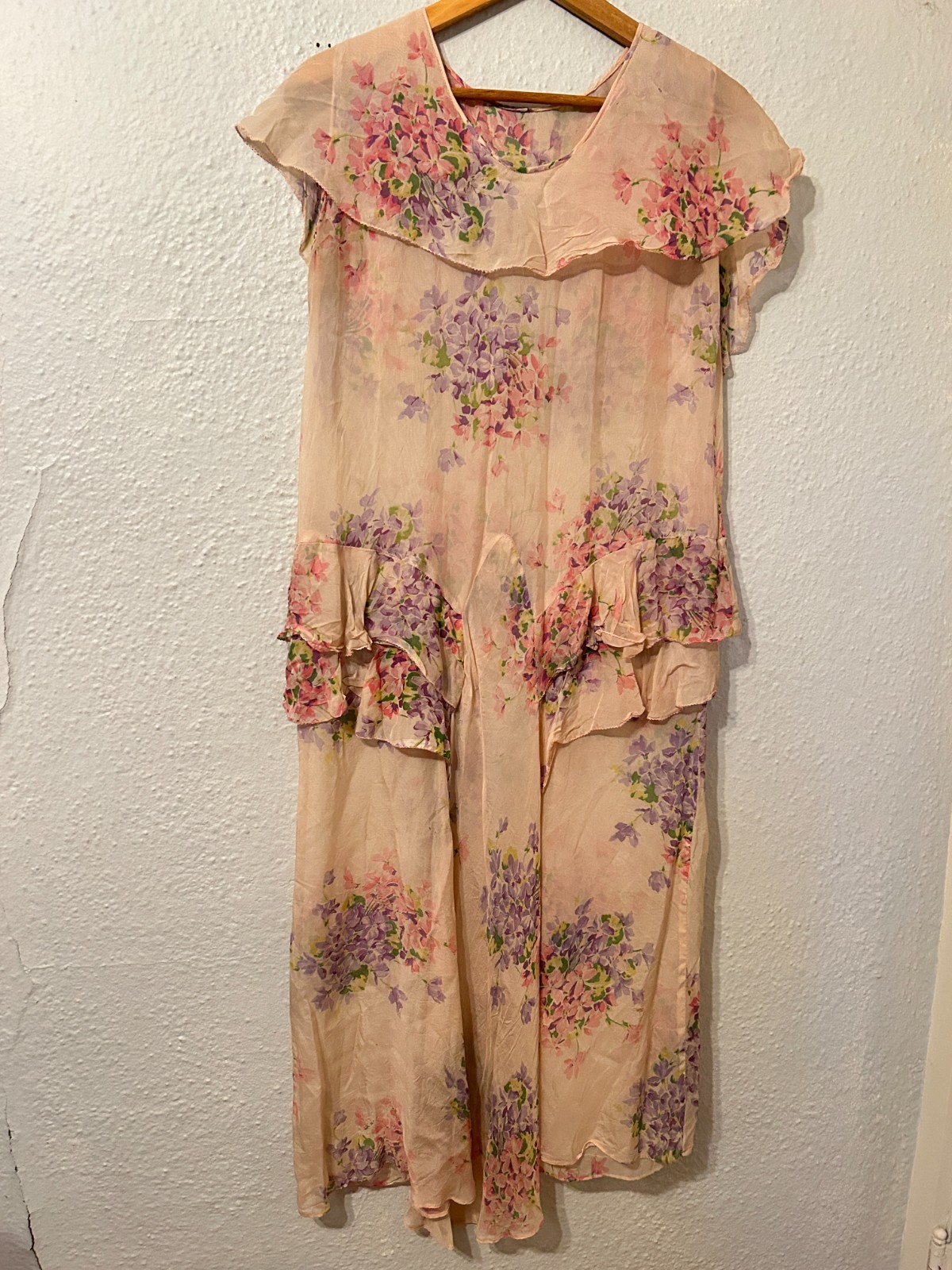 Antique 1920s 1930s Floral Print Rayon Sheer Dress Cape Top Ruffle Drop Waist