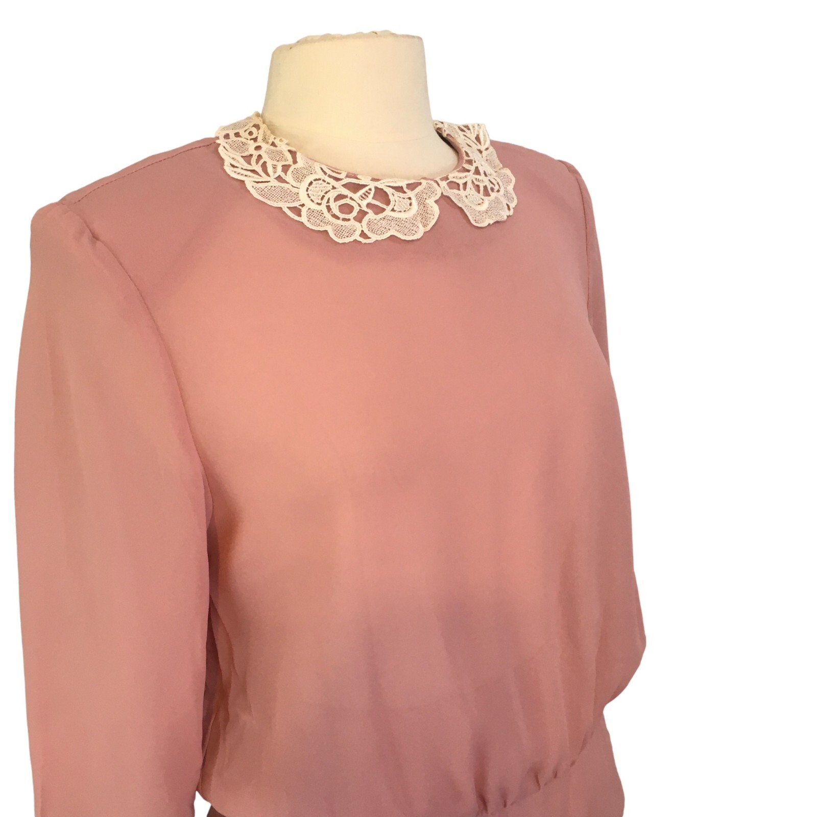 Amy-Deb Vintage 70’s Dusty Pink Sheer 2 pc dress, Lace Collar Cottagecore, sz 12