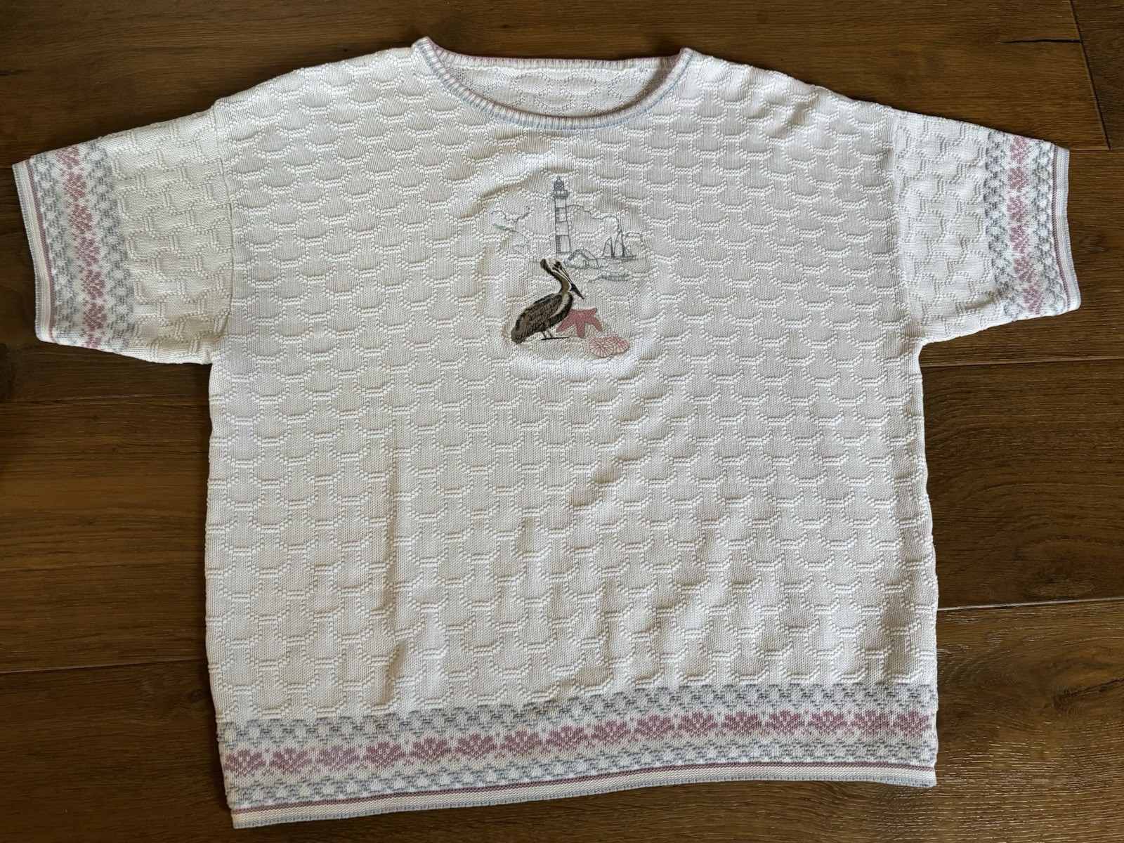 VINTAGE 80s 90s Embroidered Short Sleeve Pelican Coastal Grandma Sweater, XL