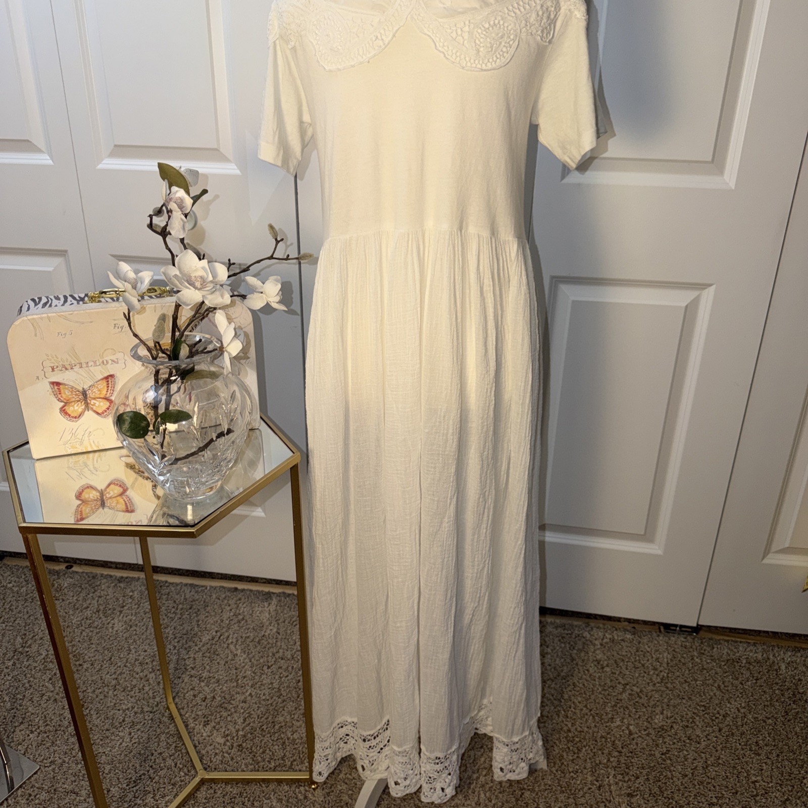 80’s Vtg Prairie Victorian Cottage Core Yolk Lace Maxi Dress Size Small USA S