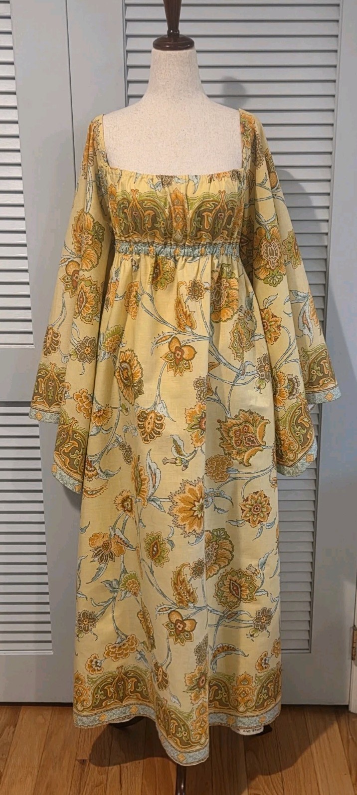 70s Vintage Maxi Dress Angel Sleeves Bloomcraft Du Pont Zepel Fabrics Handmade