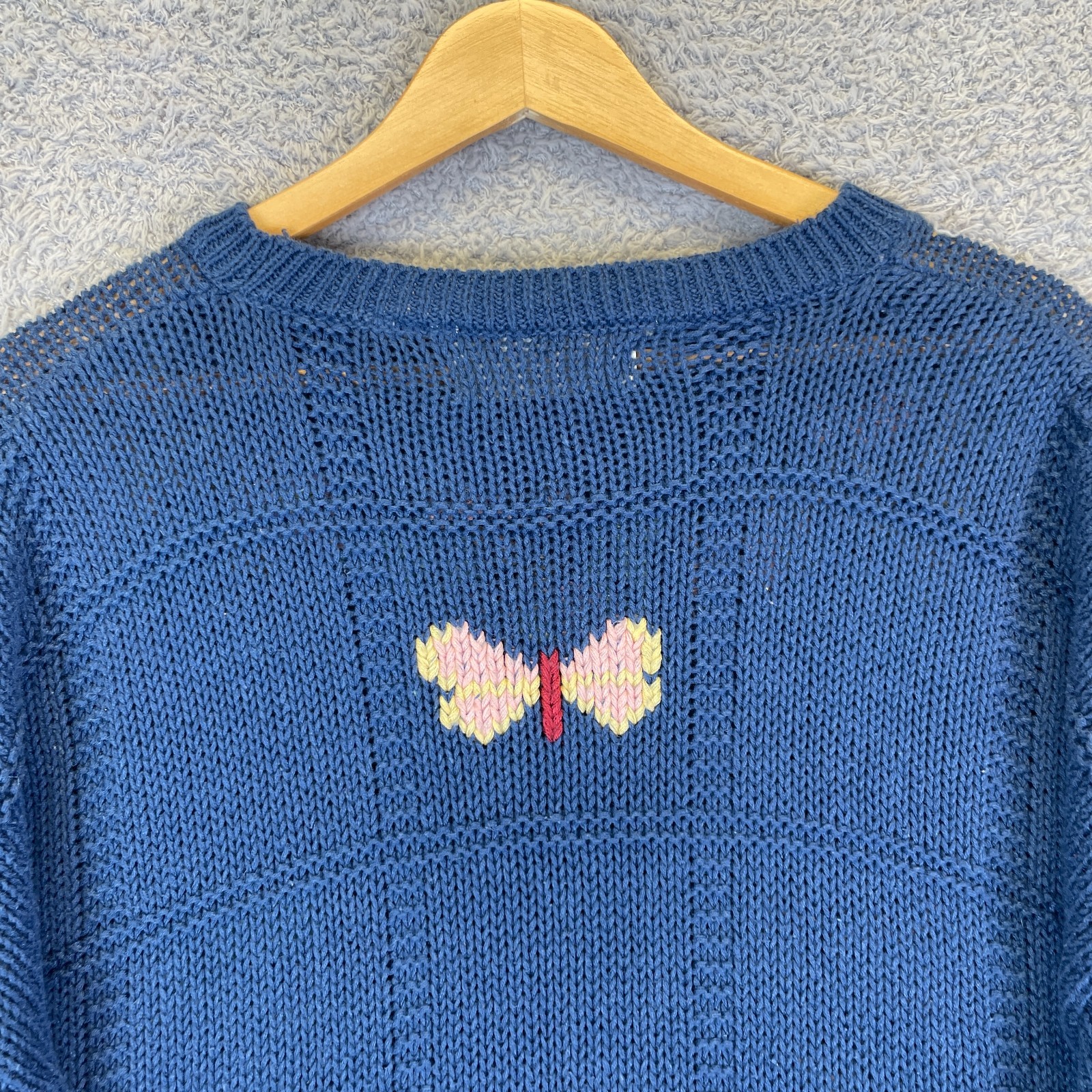 Vintage 90s Mixed Blues Floral Butterfly Sweater Cottagecore Grandmacore Large