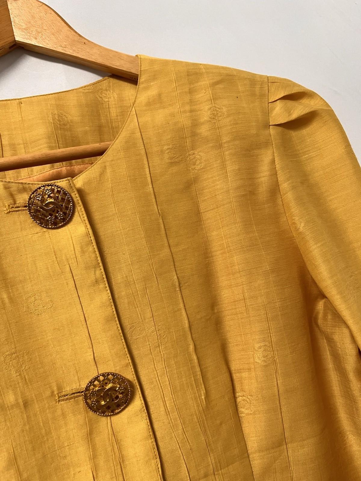 Vintage Bespoke Tailored Jacket Yellow Camellia Floral Buttons Women’s Medium