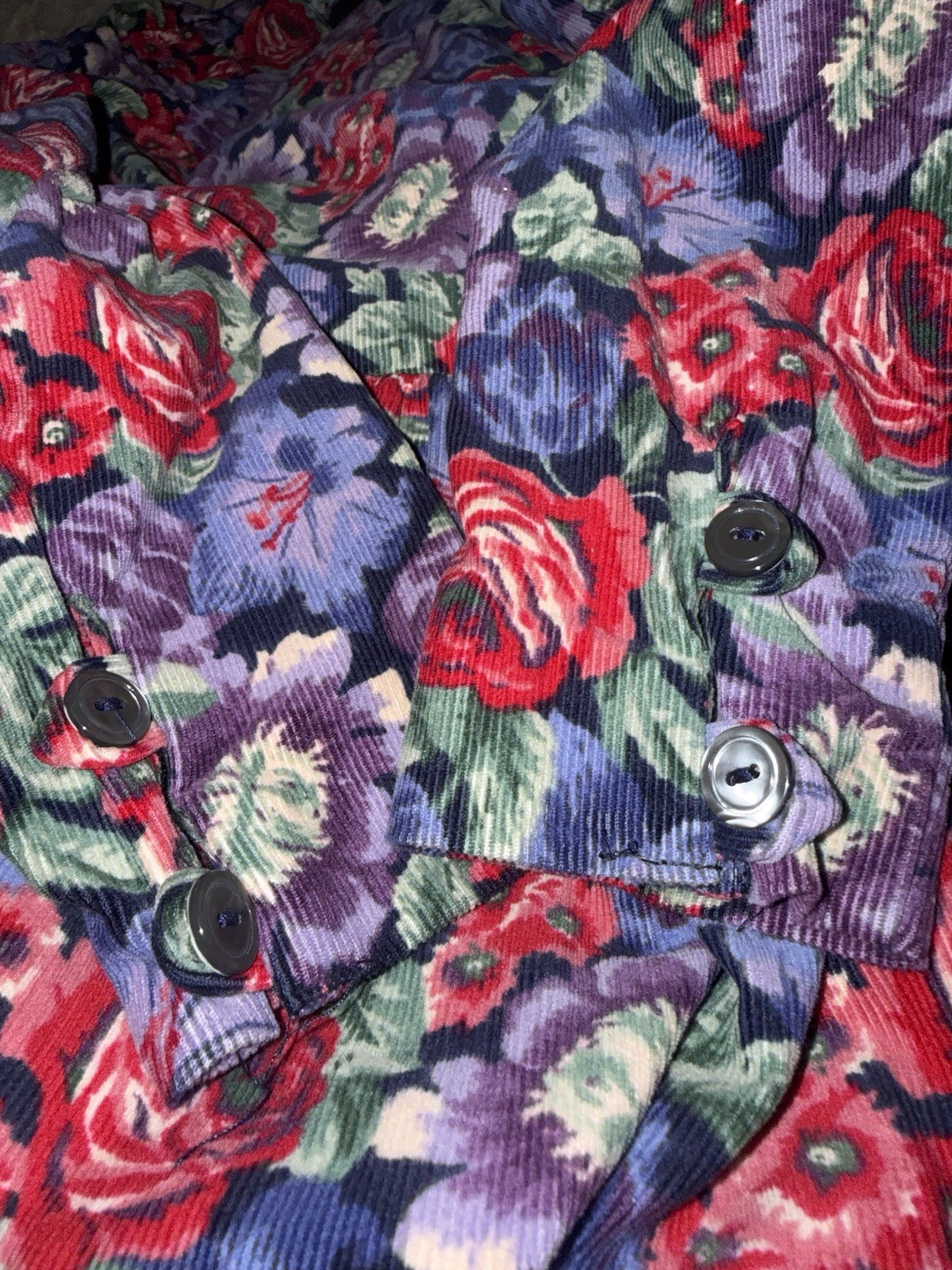 VTG 90s Laura Ashley Blue Red Purple Floral Puff Sleeve Corduroy Dress 6 (S)