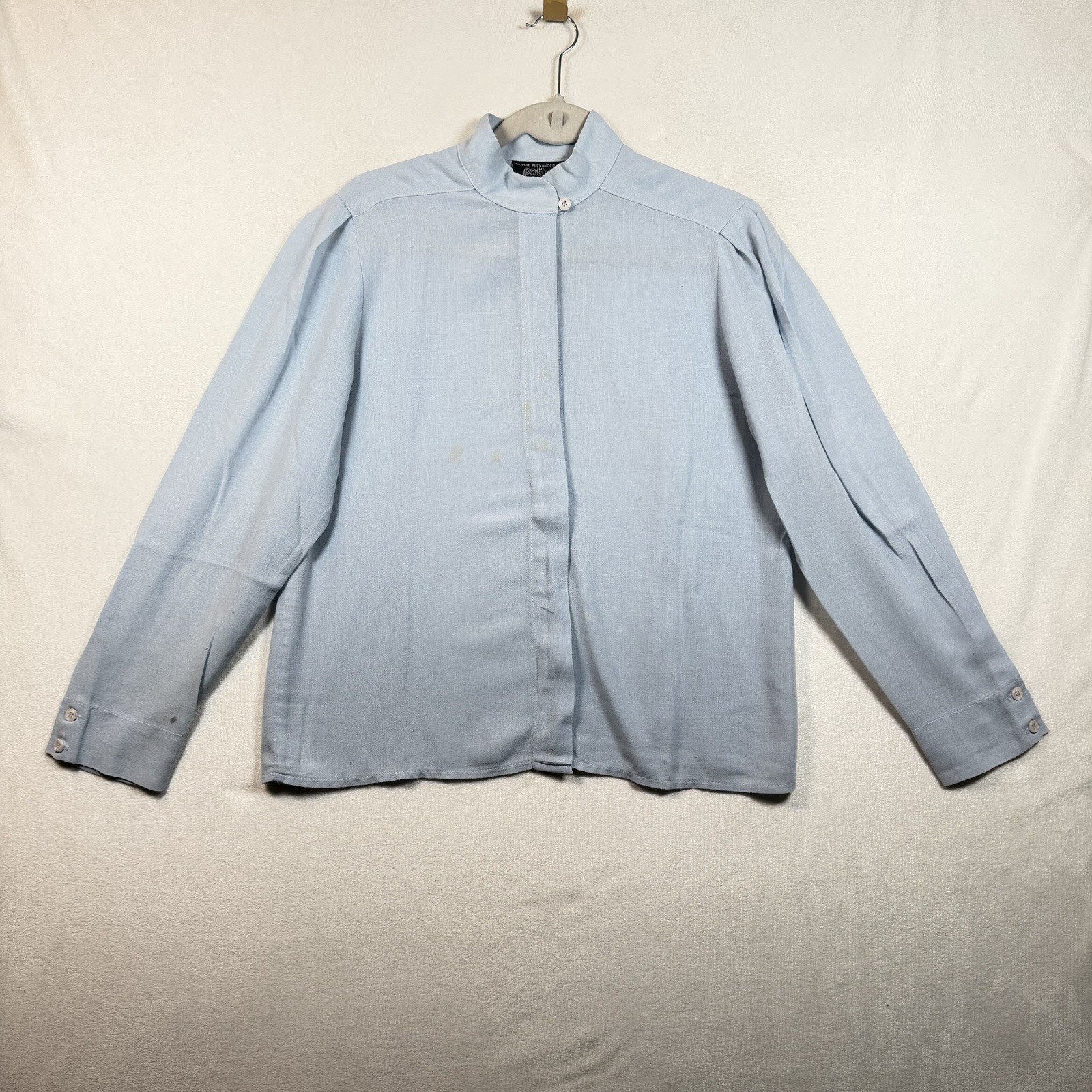 Vintage Simone Alexander Patty Woodard Blue Hidden Button Blouse Mock Collar