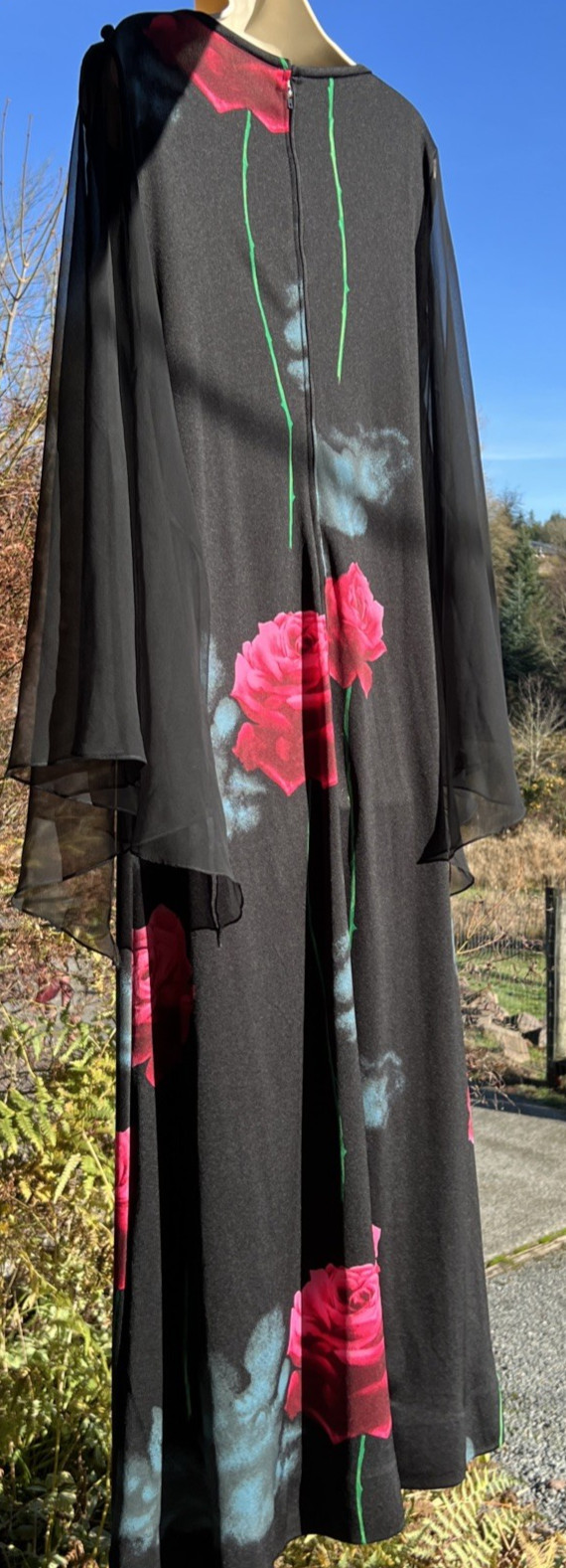 VTG Black Rose Goth Whimsigoth Maxi Dress Chiffon Angel Split Sleeve 1970s
