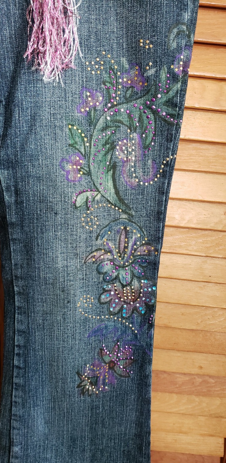 Juniors JouJou Embellished Flower Rhinestone Flare Jeans Y2K Scarf Belt Sz 7/8