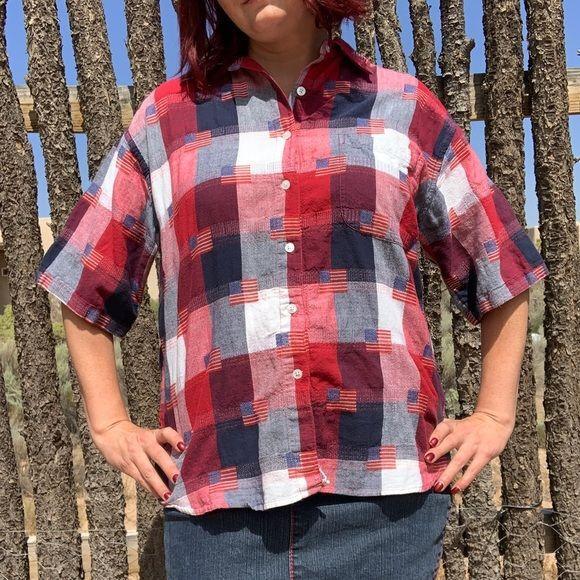 Vintage Patriotic American Flag & Plaid Shirt LARGE