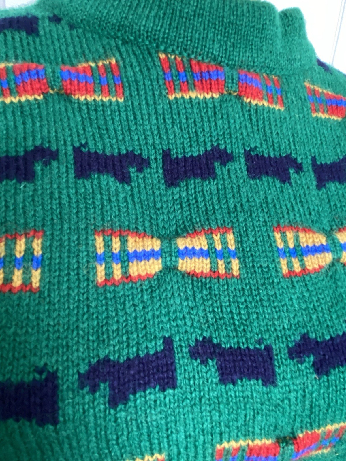VTG 80s Scottie Dog Sweater MED Shetland Wool The Scotch House Green Plaid Bows