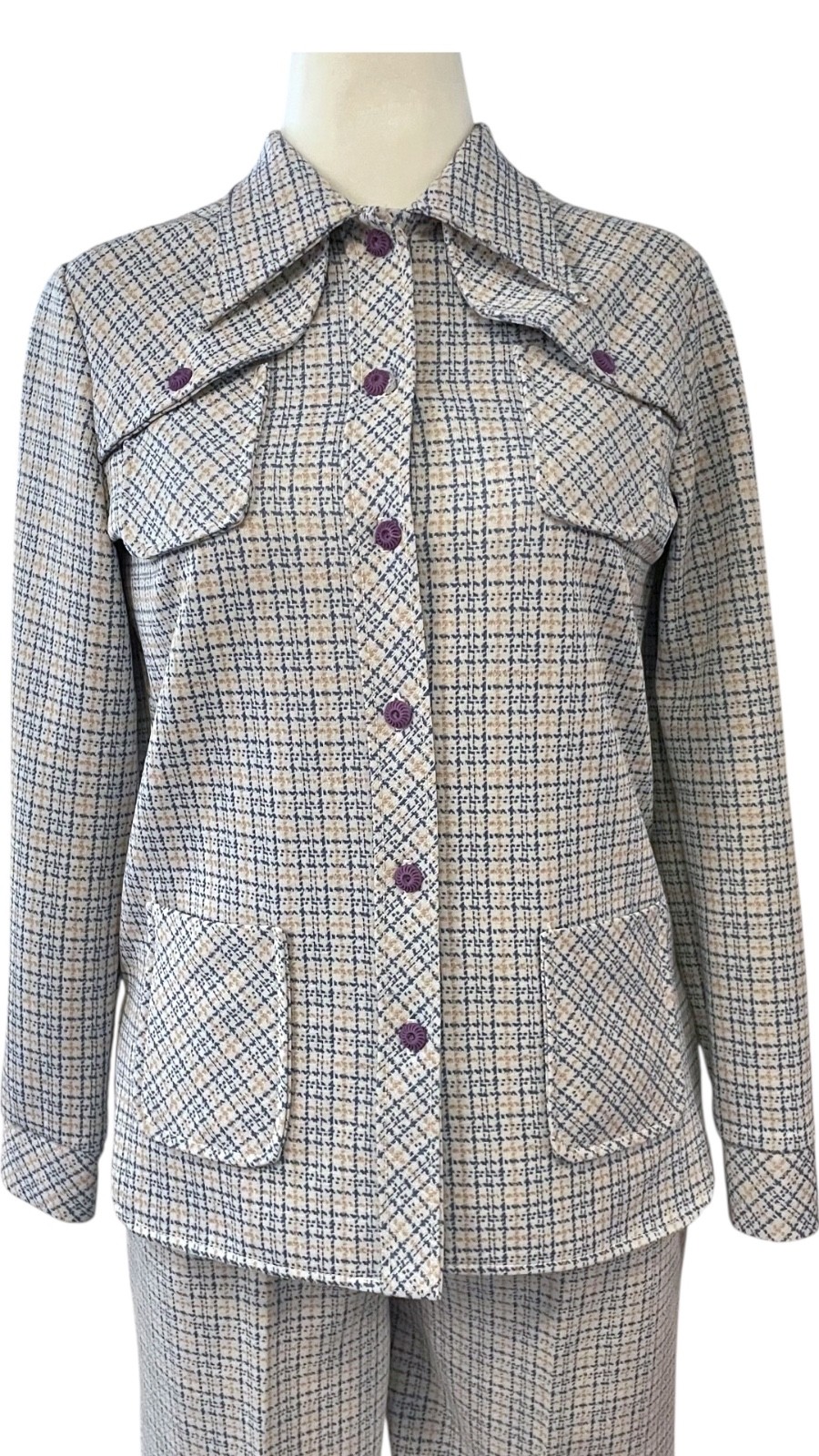 Vintage 1970s 2-Piece Leisure Suit Women’s Knit Plaid Large 10-12