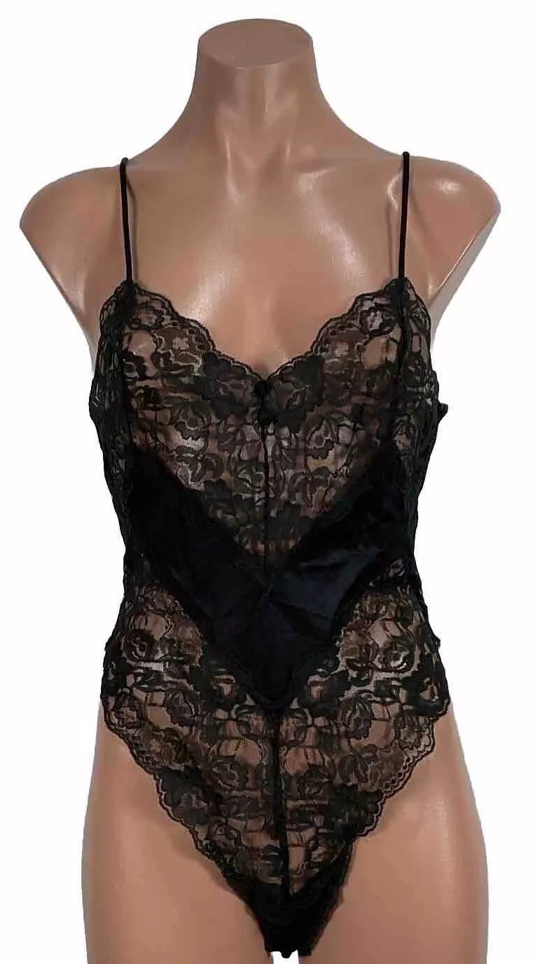 Vintage 80s Vassarette Black Satin Lace Teddy Size S Bodysuit Snap Closure Sexy