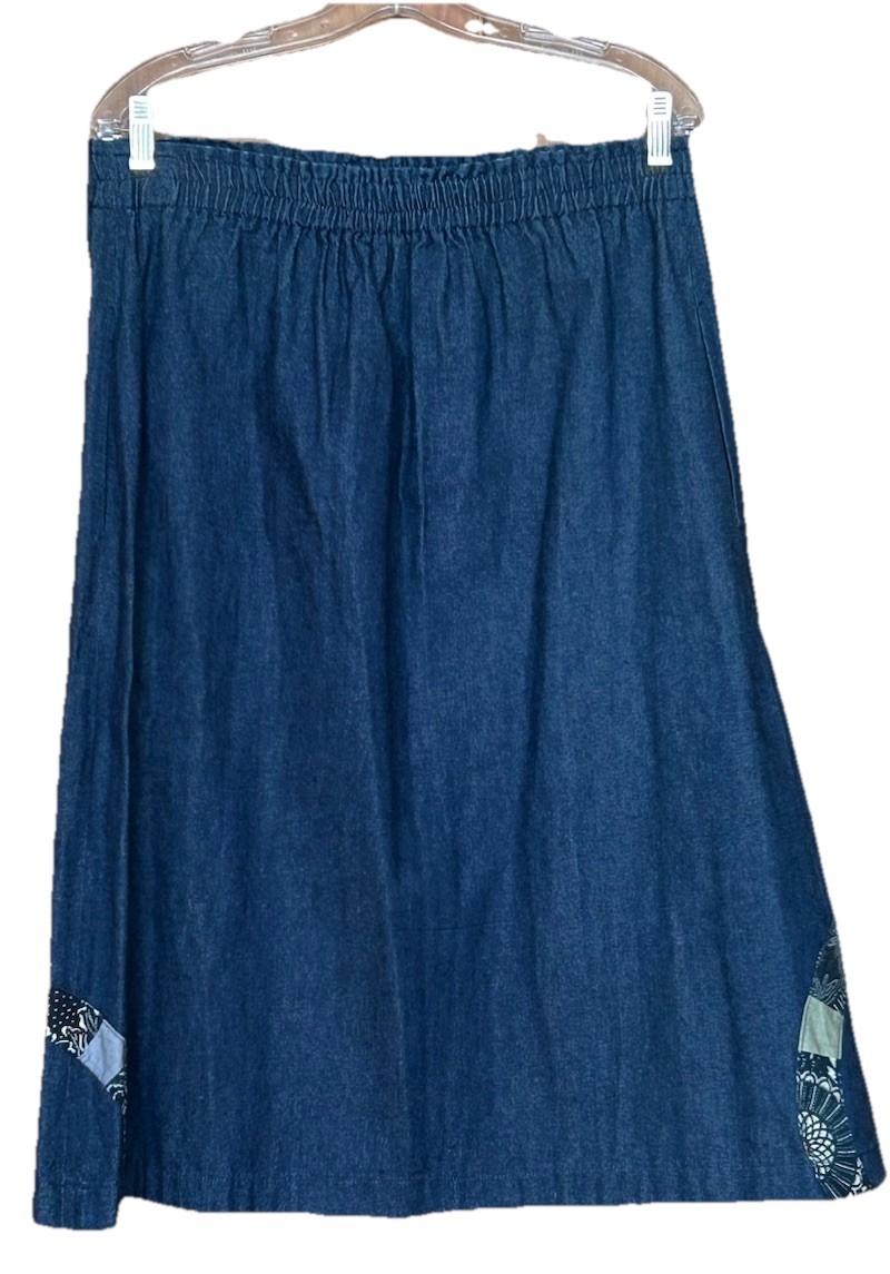 VTG Japanese A- Line Midi Denim Skirt L Sashiko Inspo Ring Appliqué Boho Artsy