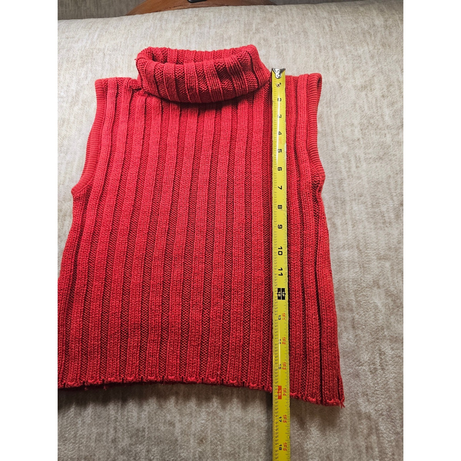 Vintage 80s Tricot Campana Red Ribbed Knit Sleeveless Turtleneck Crop Sweater S