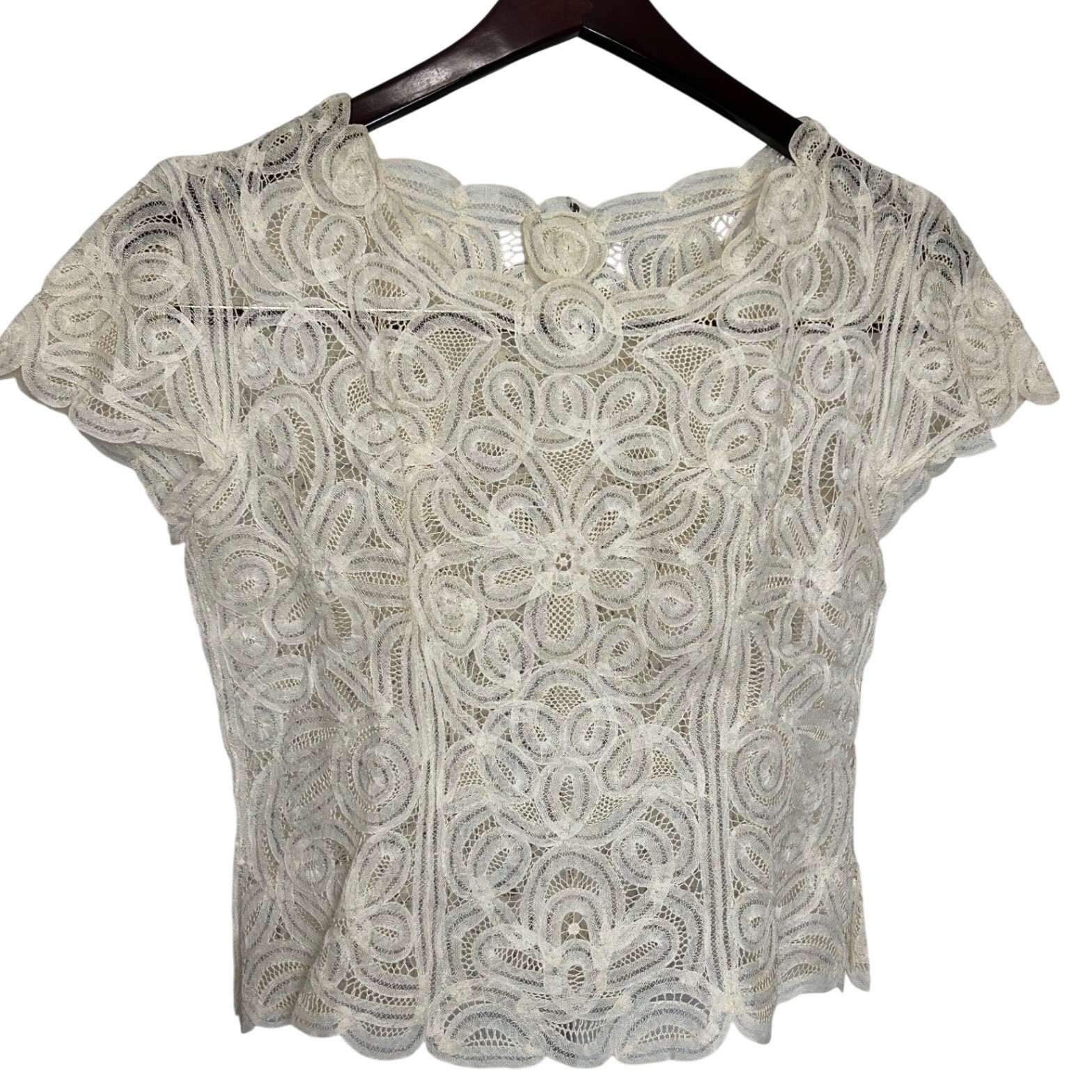 Vintage Cream Tape Lace Short Sleeve Blouse Scalloped Floral Sheer Top Handmade
