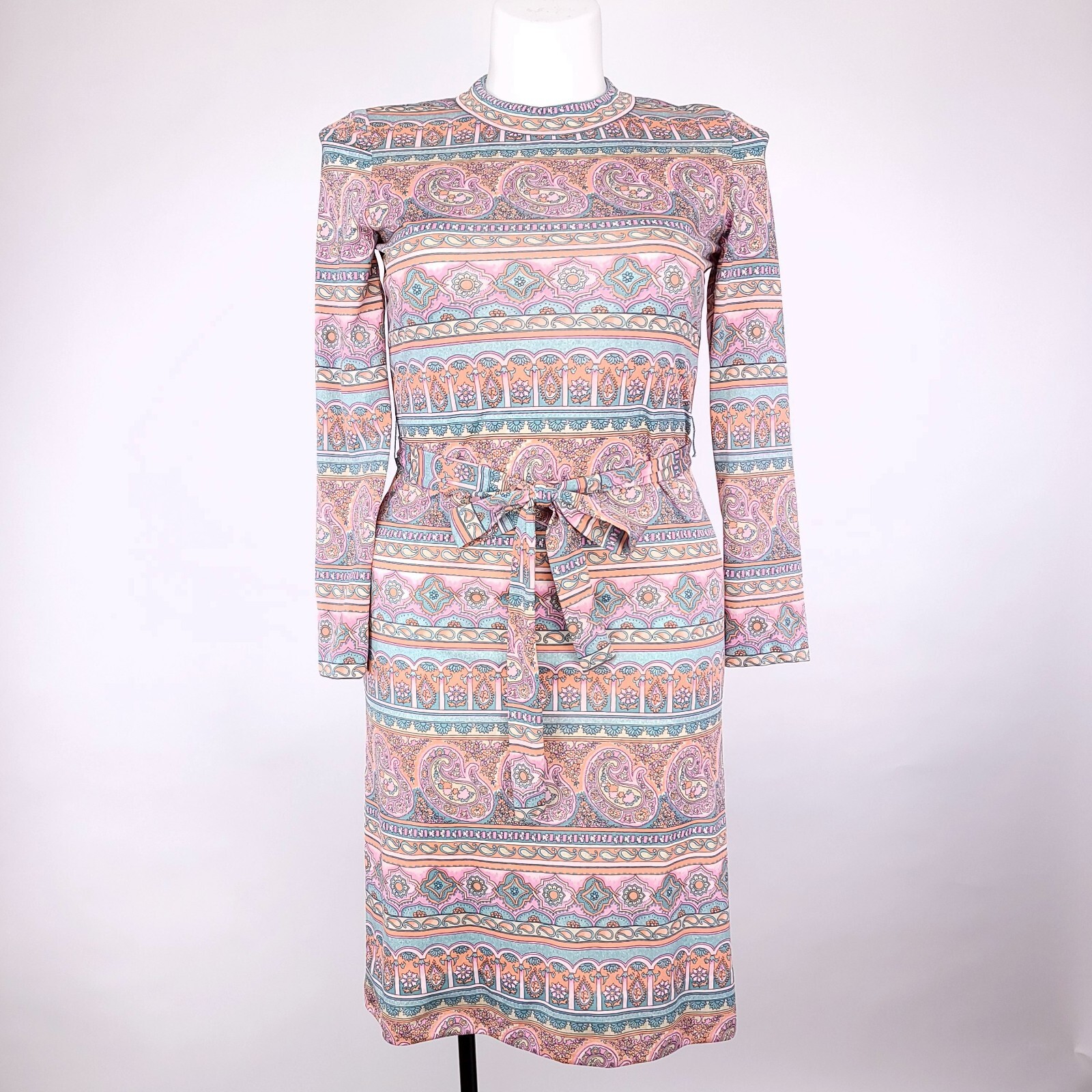 Carillon New York Vintage Paisley Floral Print Belted Sheath Dress Pink Blue 10