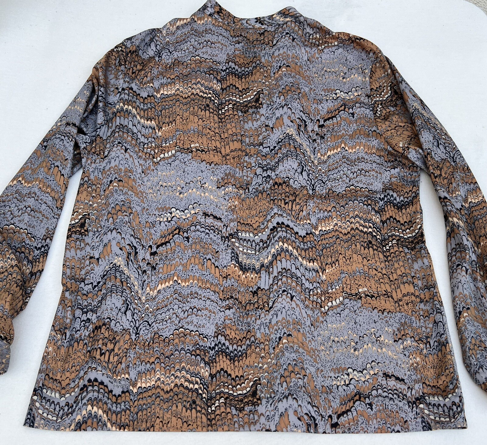 Vintage 1970s Marbleized Print Tunic LS Blouse Mandarin Band Collar Alex Colman