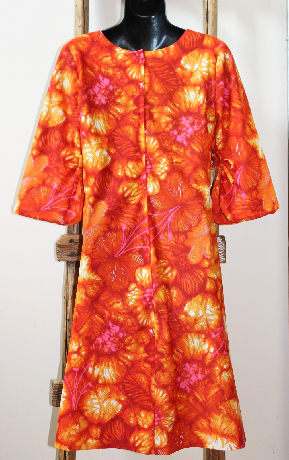 Vintage~PACIFIC ISLE~Creations of HAWAII~Orange Floral~DRESS~3/4 Sleeve~MEDIUM?