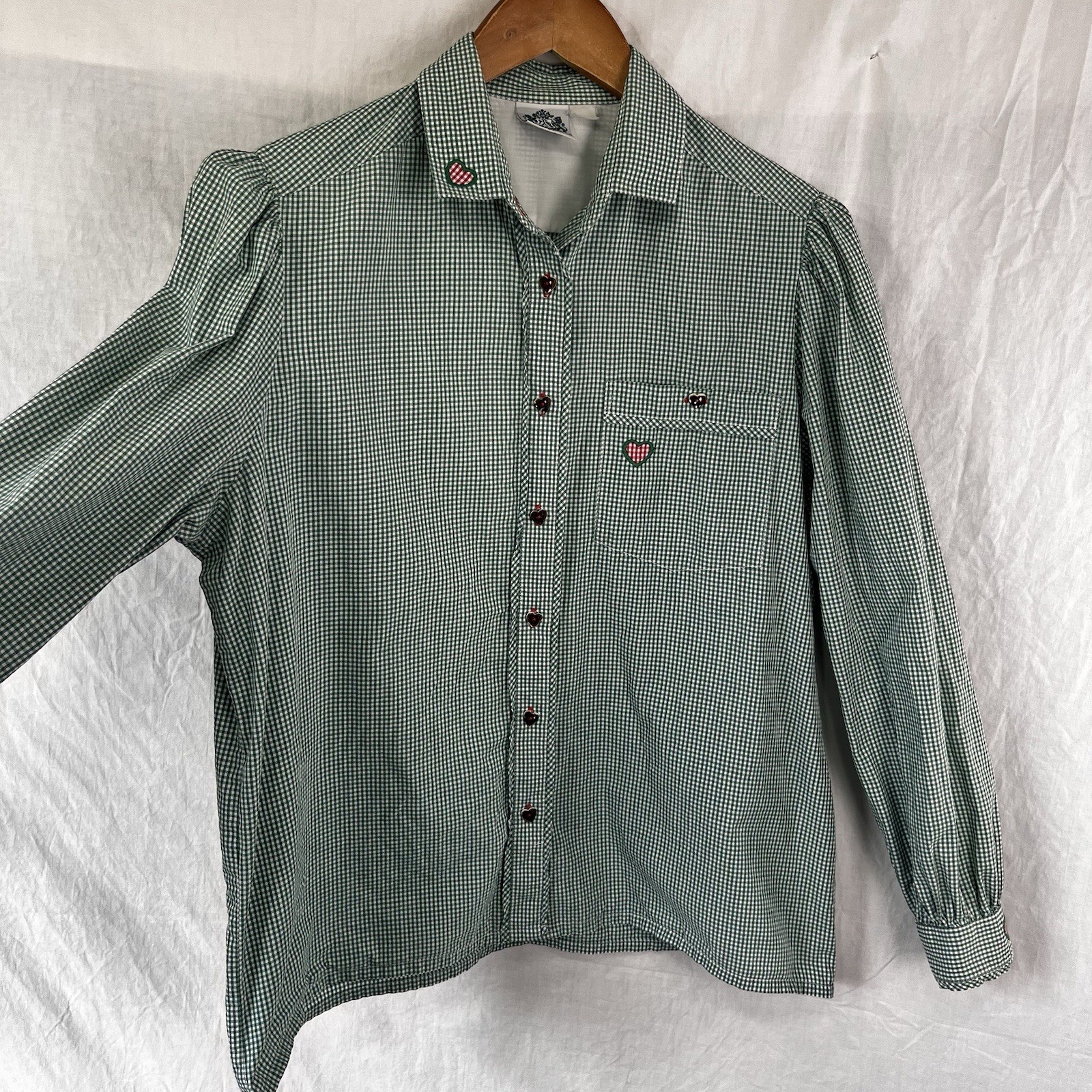 Hammerschmid Vintage Gingham Shirt Women Medium German Cotton Blouse Hearts Cute