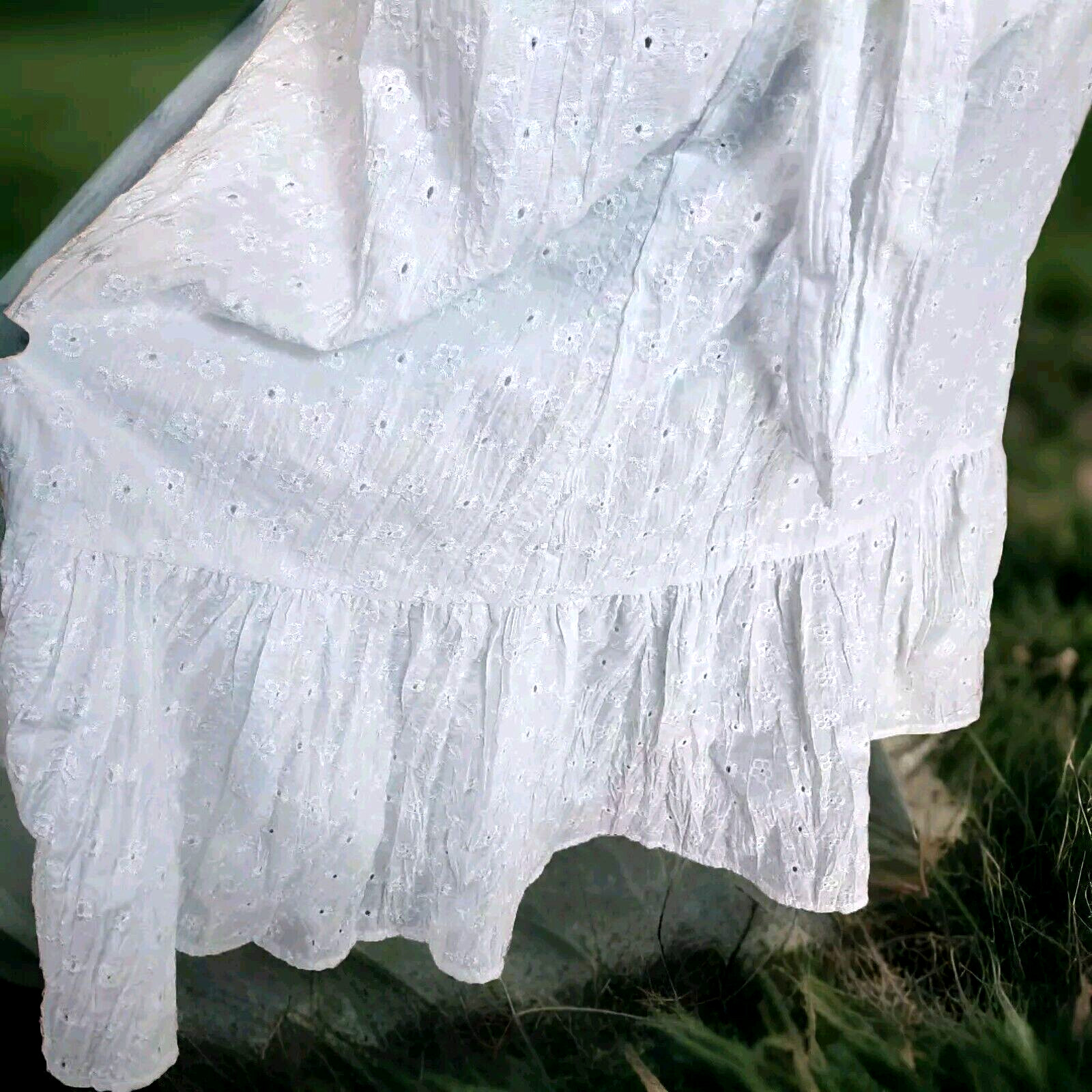 Vtg Eyelet Lace Ruffle Bow Pinafore Midi Dress Sz M White Cottagecore Coquette