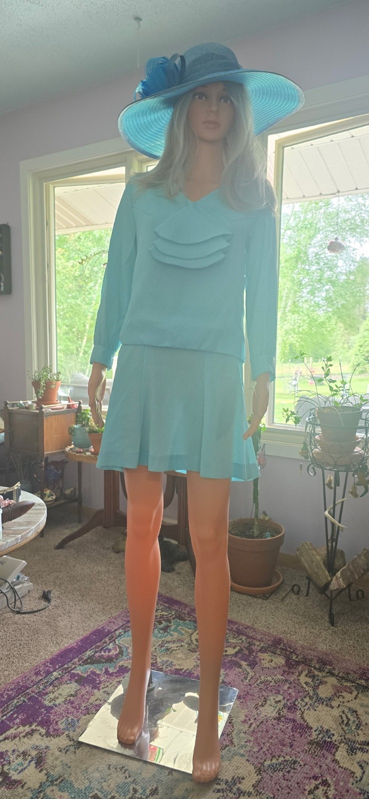 VTG 70s 80s Aqua Blue Long Sleeve Dress Set Size 9 Ruffle Flared Skirt Tiered