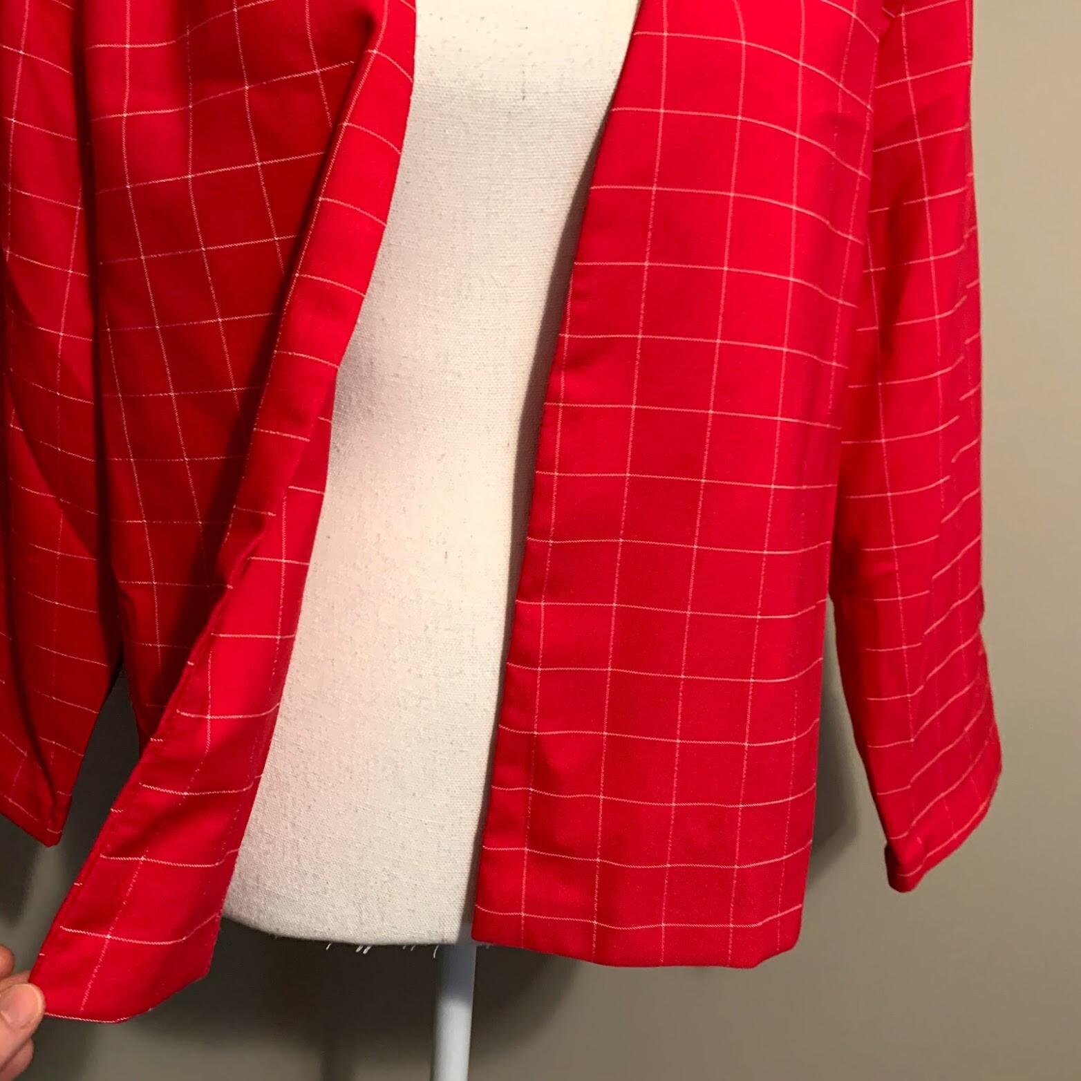 VTG Hot Pink White Windowpane Plaid Open Front Blazer Jacket 80s 90s Size 16