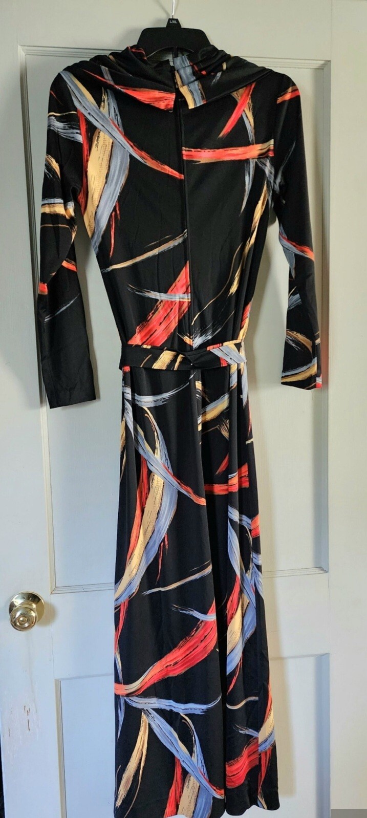 70’s Long Dress, Abstract Pattern, Cowl Neck, Black, Red, ILGWU, 38″ Bust