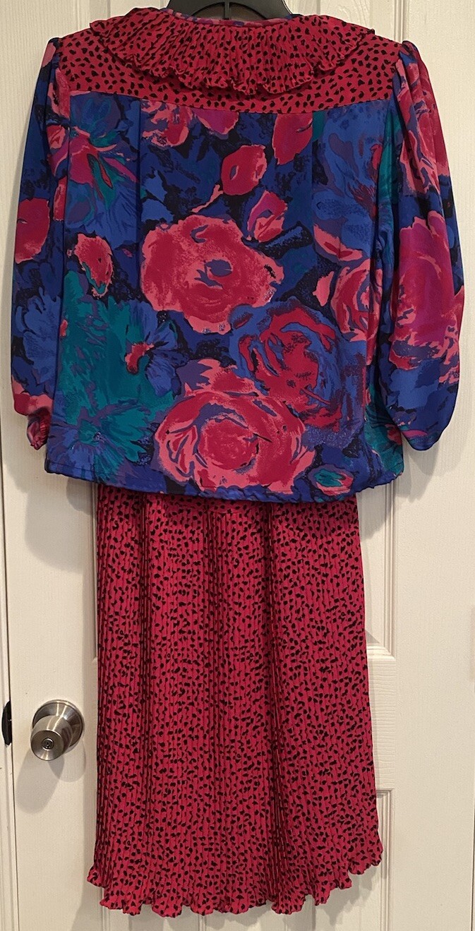 Vtg Assorti Susan Freis Pink Animal Print Pleated Dress 2 Pc Sz S Tassels Ruffle