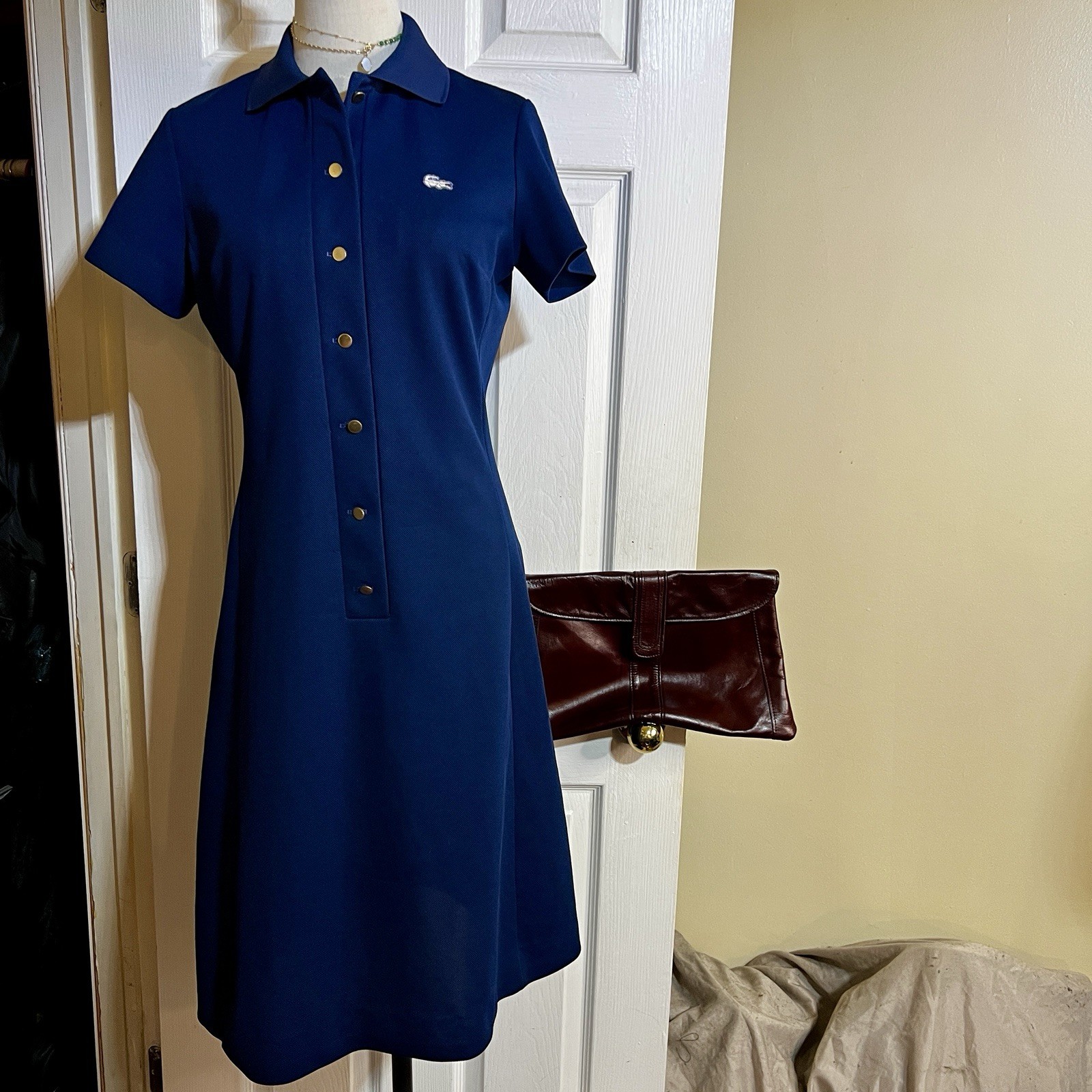 Lacoste David Crystal Wms Vtg 60s-70s Navy Knit Aline Button Mod Dress M