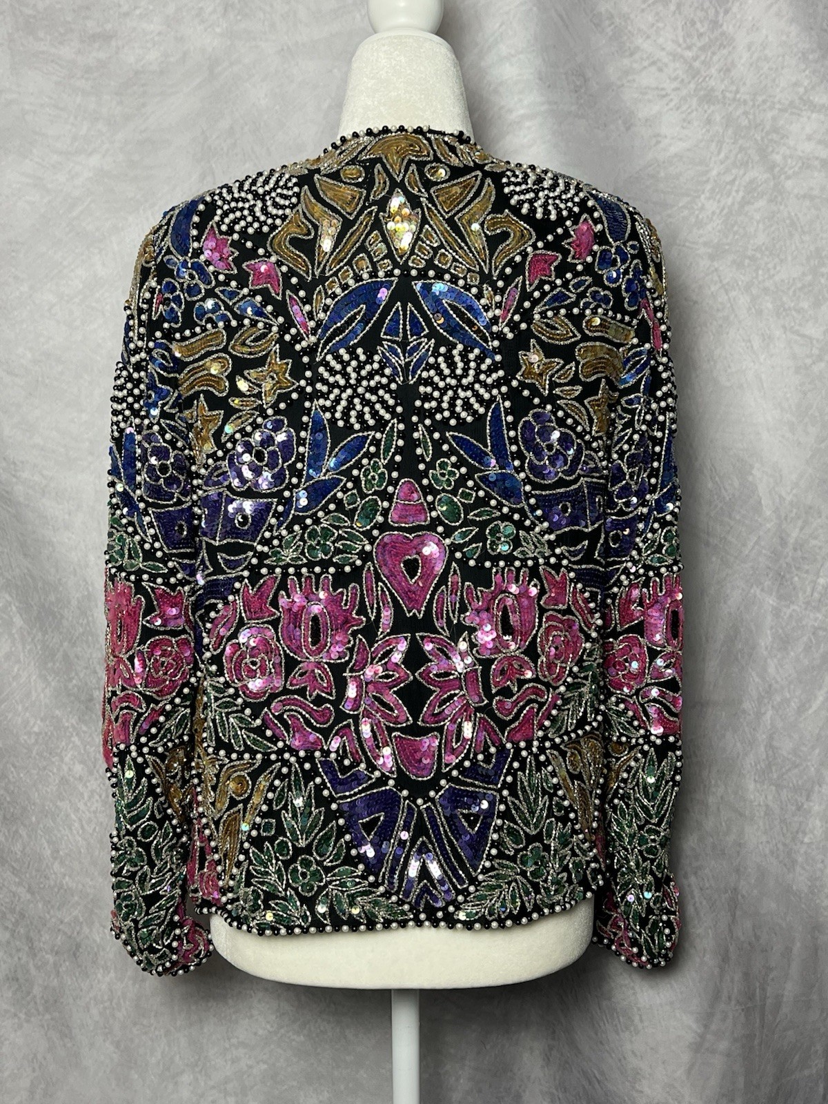 Vintage Judith Ann Creations Floral Sequin Beaded Silk Jacket Blazer Sz XS/S