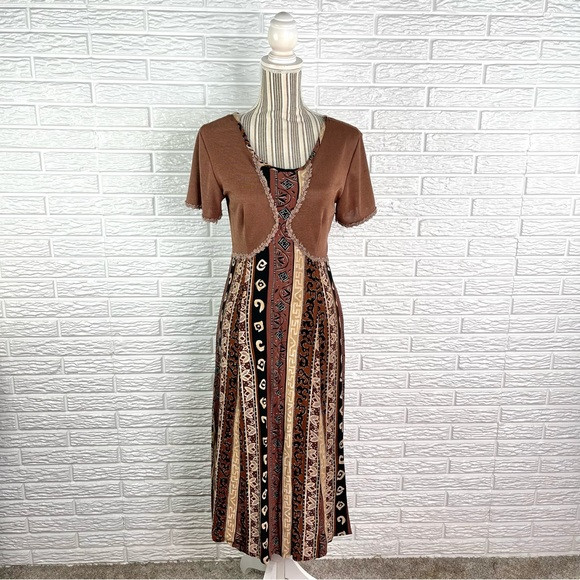 Vintage Parahero Patterned Striped Maxi Dress Brown Black Cream Size Small