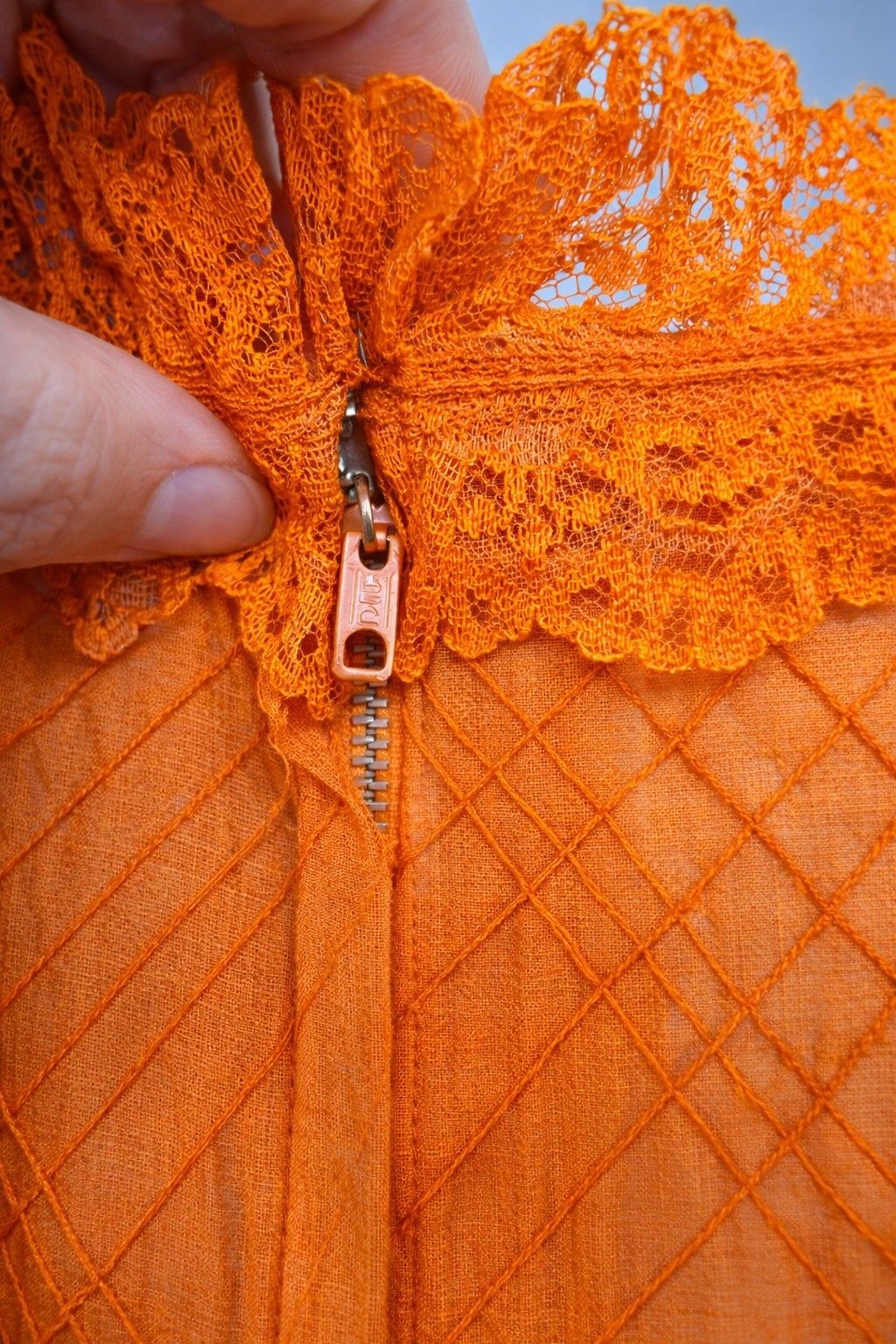 Vintage 70s Orange Embroidered Lace Maxi Dress Boho Bell Sleeve Cottagecore