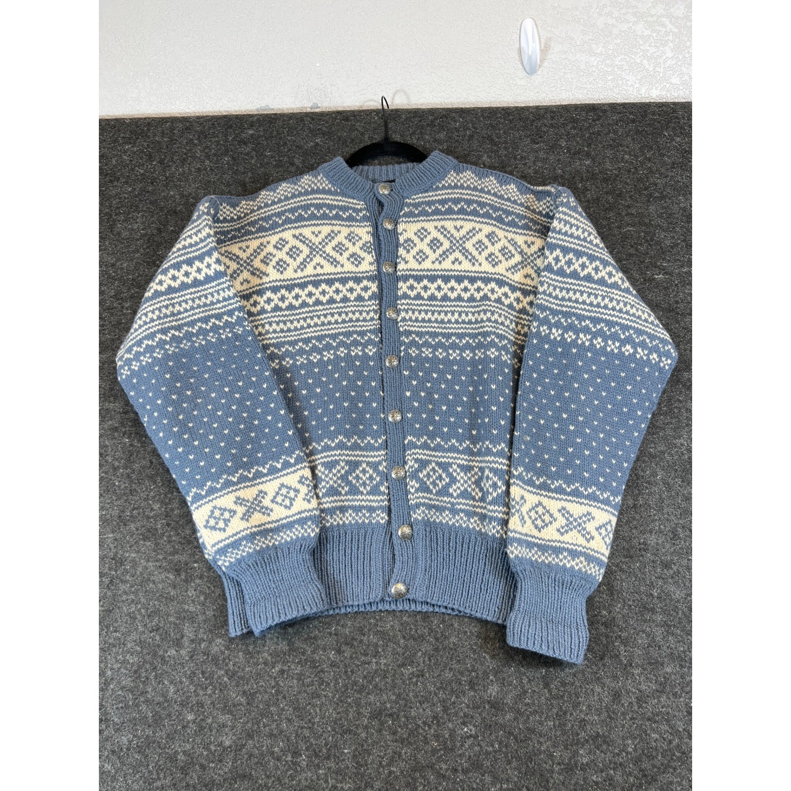 Vintage 60s Norse Knit Norway Wool Cardigan Fair Isle Pewter Button Womens Large
